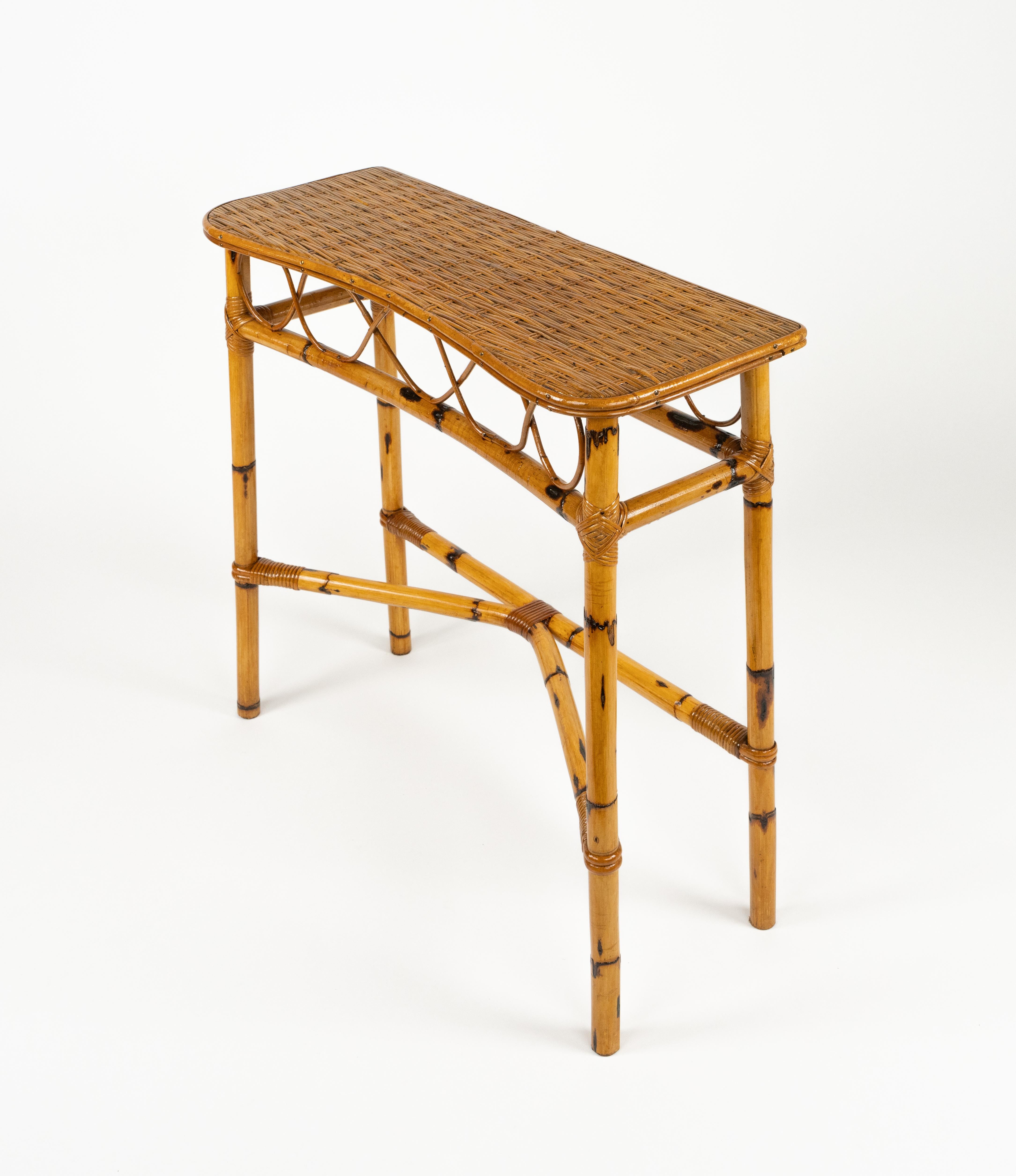 Midcentury Rattan and Bamboo Console Table Franco Albini Style, Italy 1960s For Sale 2