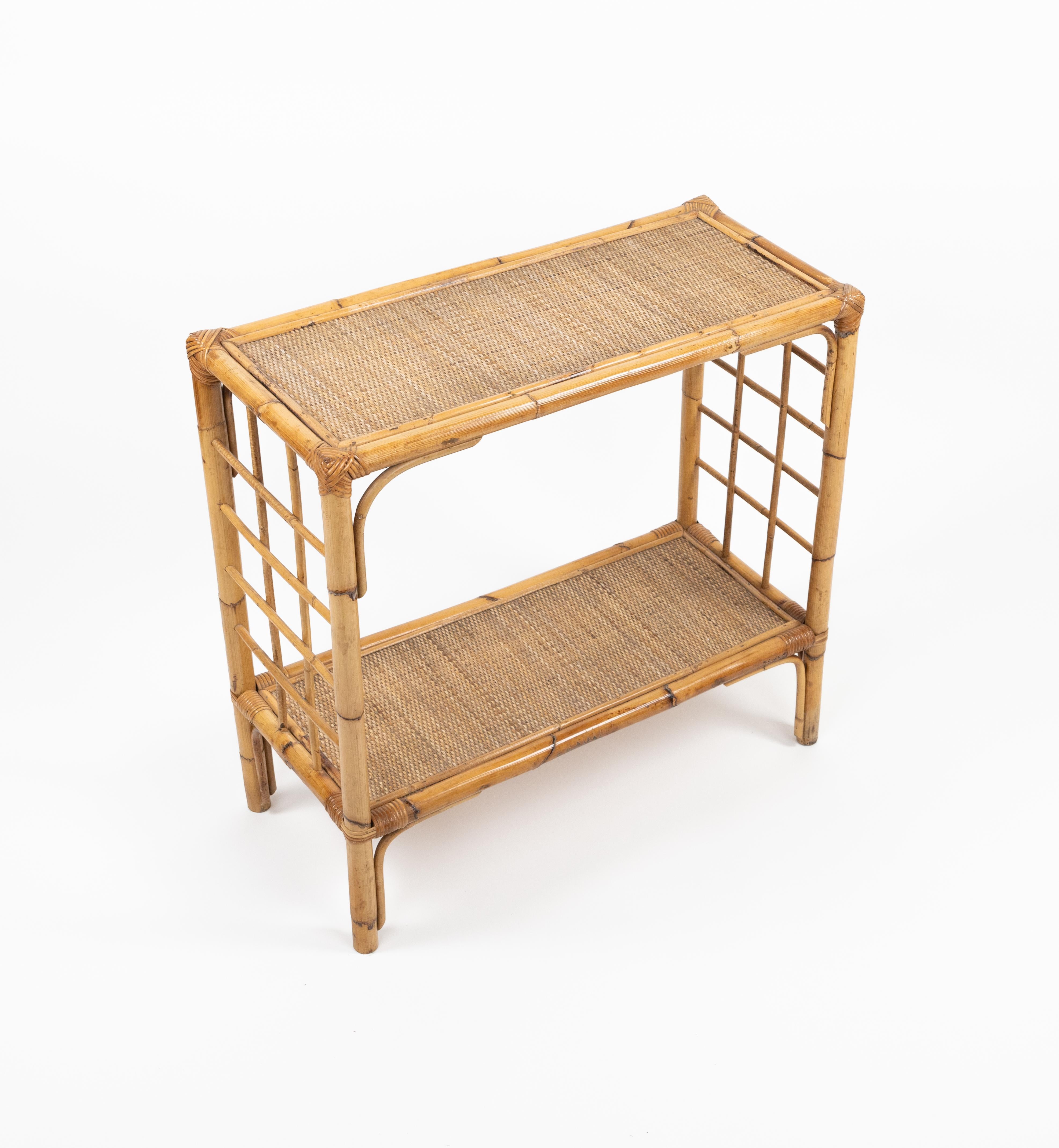 Italian Midcentury Rattan and Bamboo Console Table, Italy 1970s For Sale
