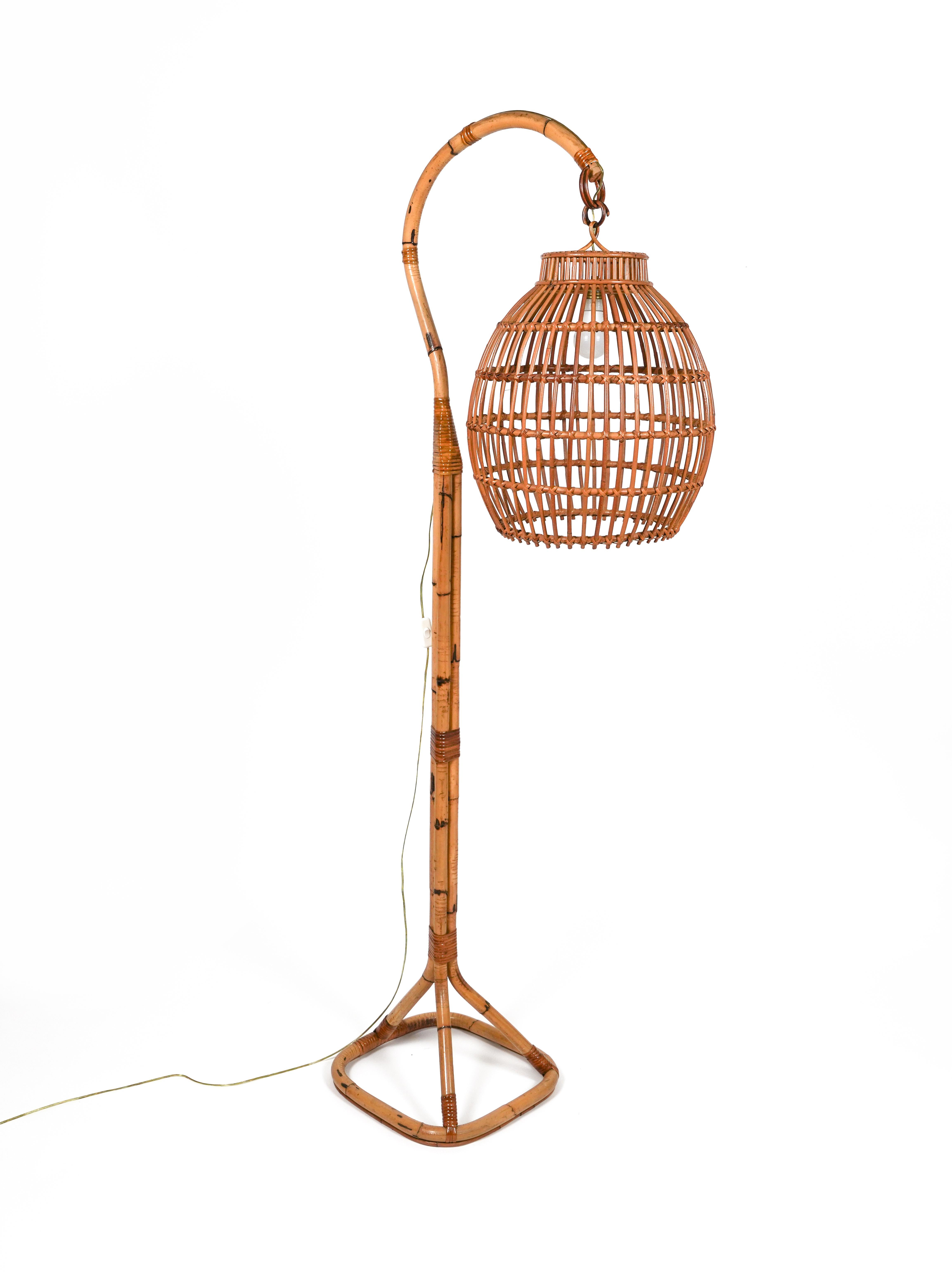 Midcentury Rattan and Bamboo Floor Lamp Louis Sognot Style, Italy 1960s For Sale 4