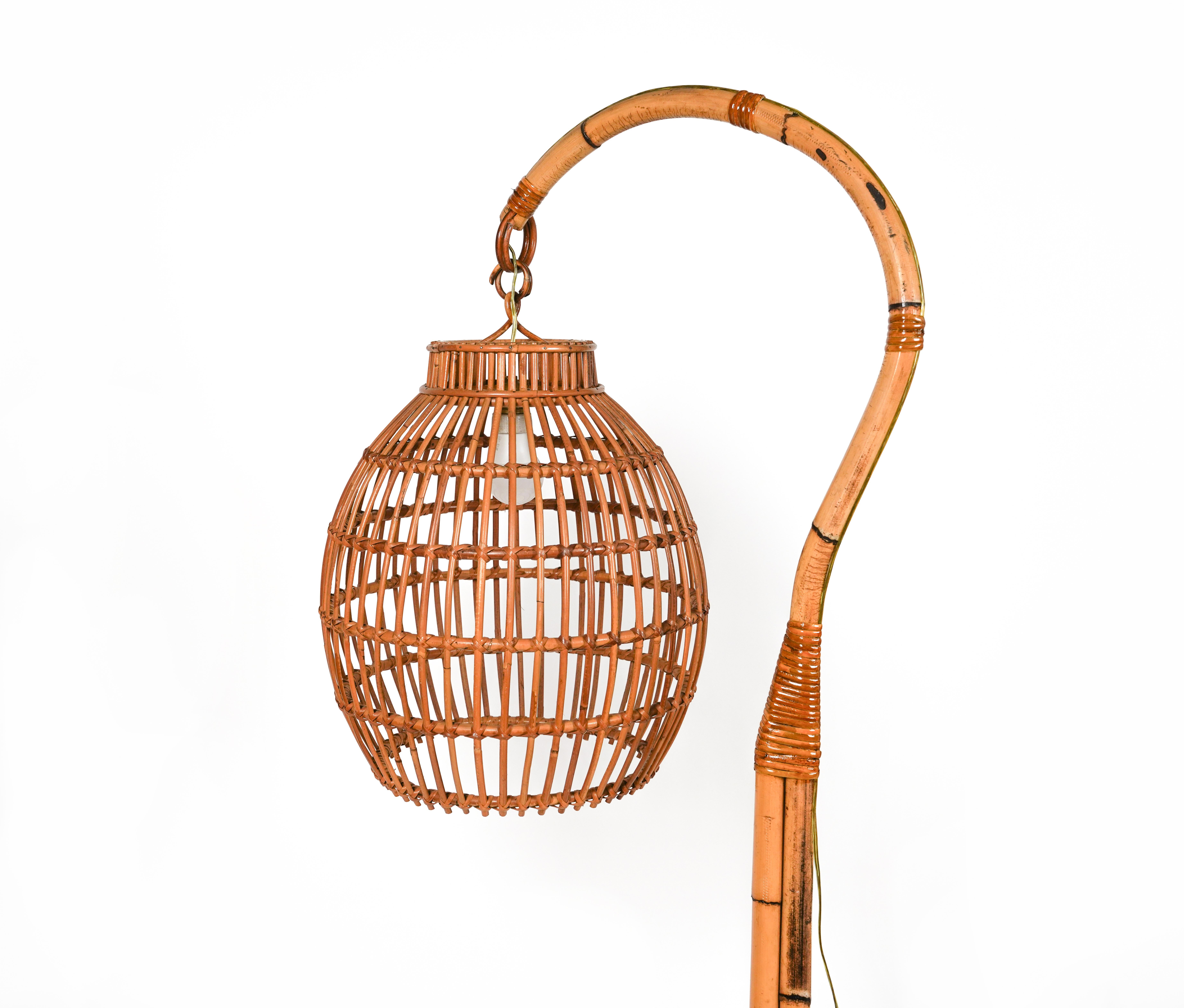 Midcentury Rattan and Bamboo Floor Lamp Louis Sognot Style, Italy 1960s For Sale 8