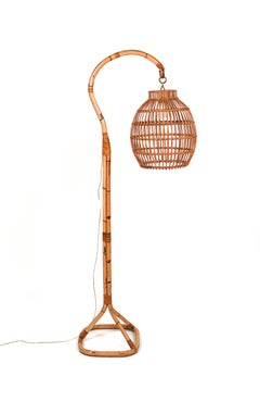 Midcentury Rattan and Bamboo Floor Lamp Louis Sognot Style, Italy 1960s