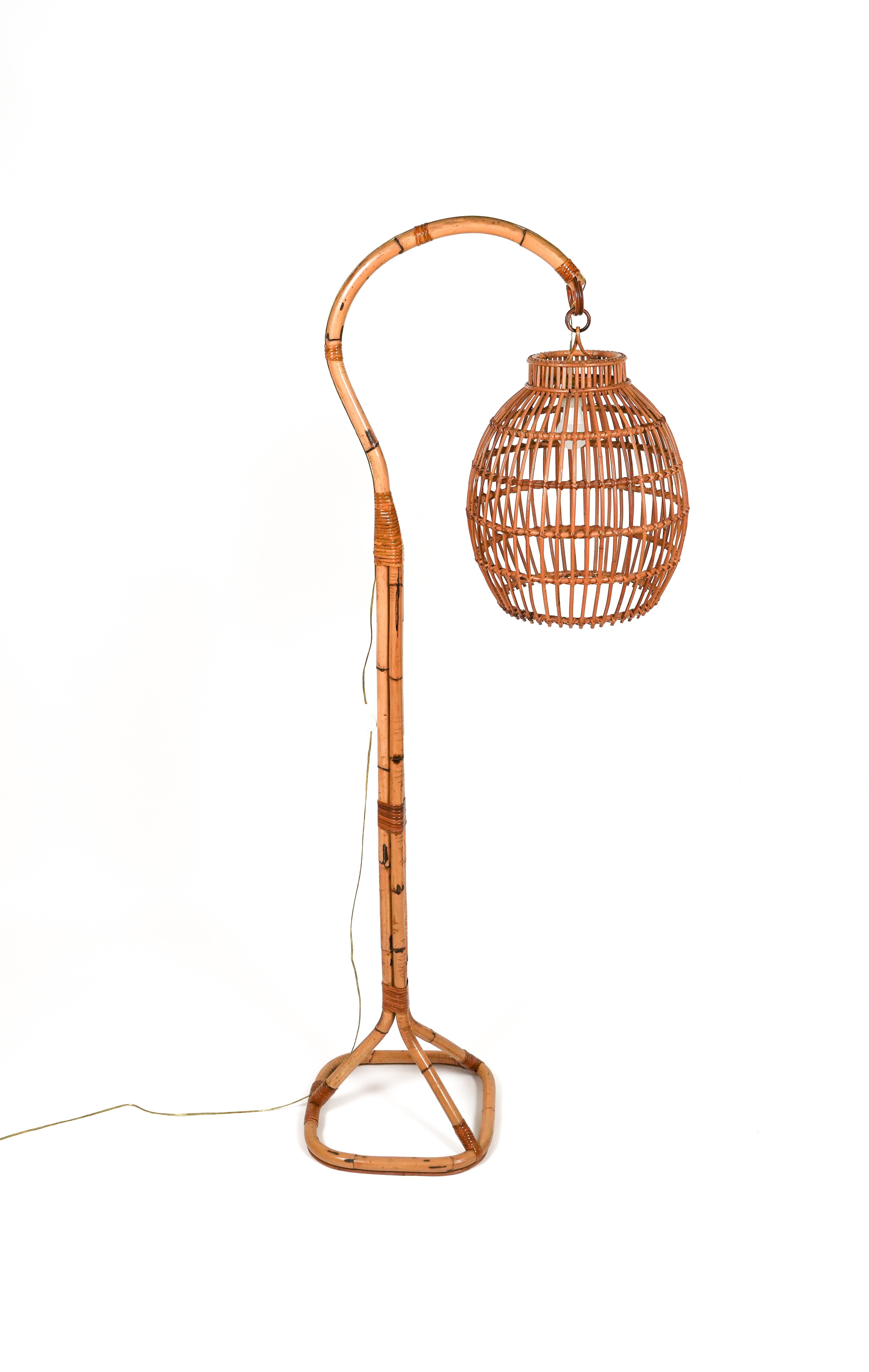 Mid-Century Modern Midcentury Rattan and Bamboo Floor Lamp Louis Sognot Style, Italy 1960s For Sale