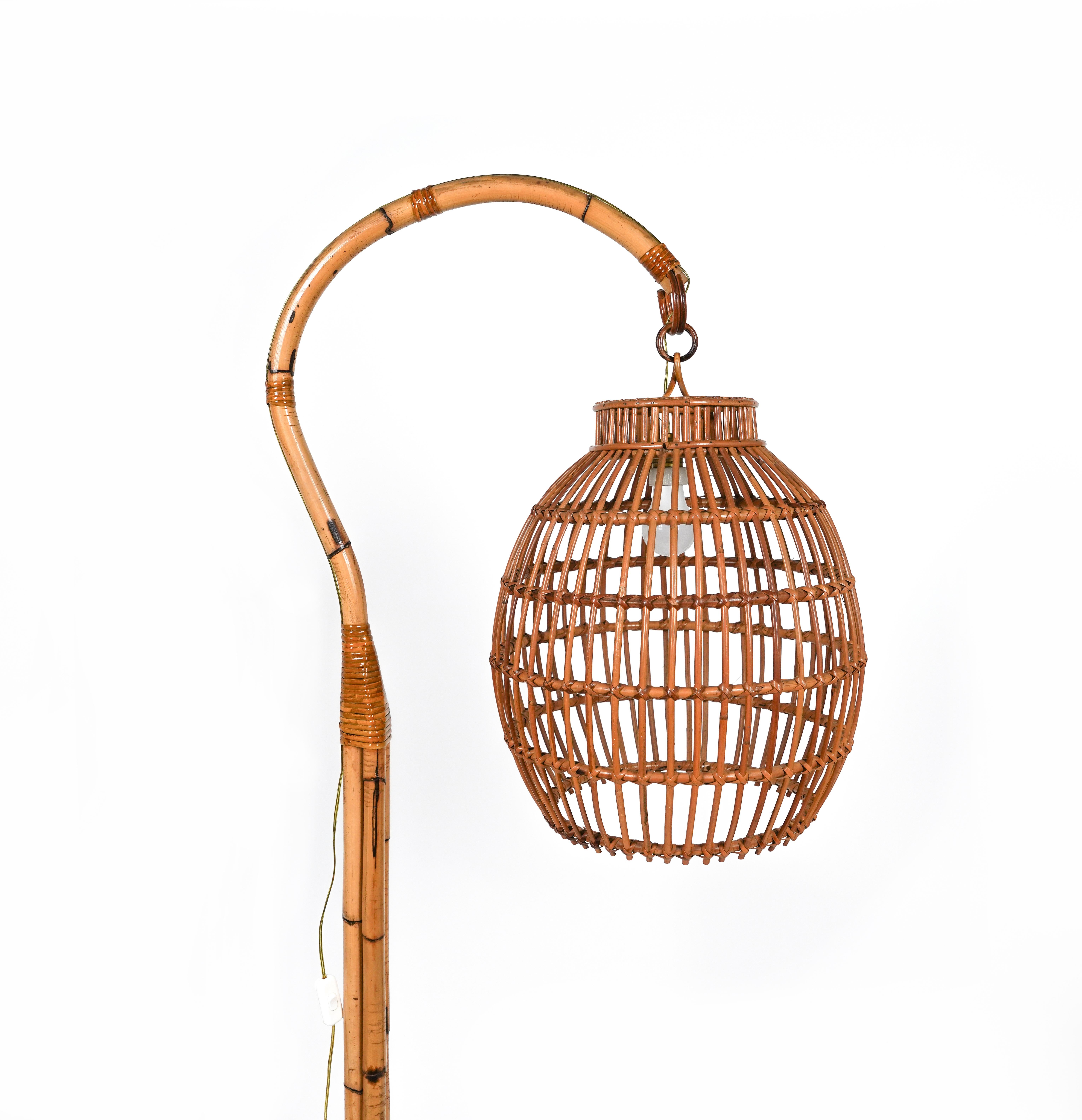 Italian Midcentury Rattan and Bamboo Floor Lamp Louis Sognot Style, Italy 1960s For Sale