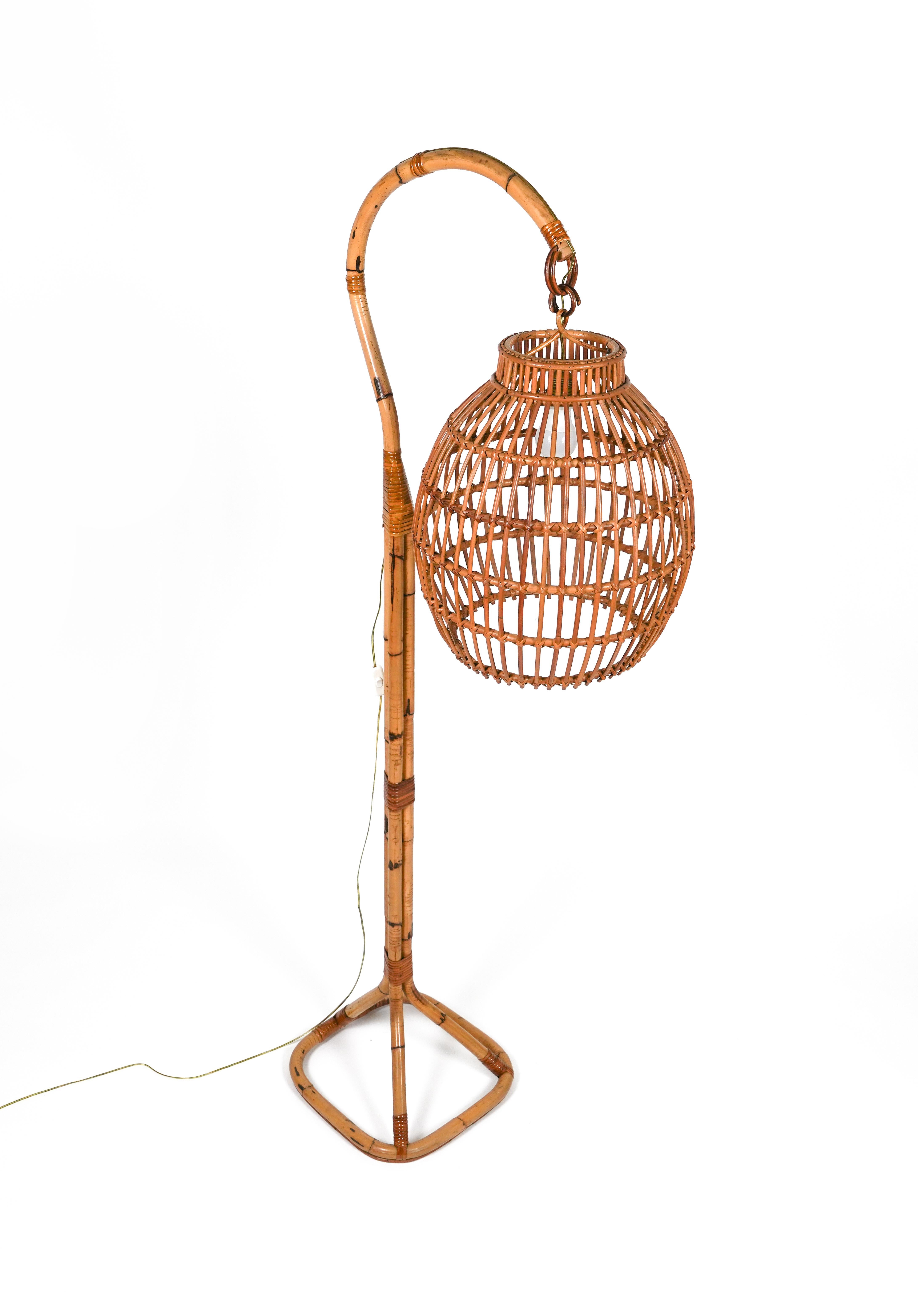 Mid-20th Century Midcentury Rattan and Bamboo Floor Lamp Louis Sognot Style, Italy 1960s For Sale