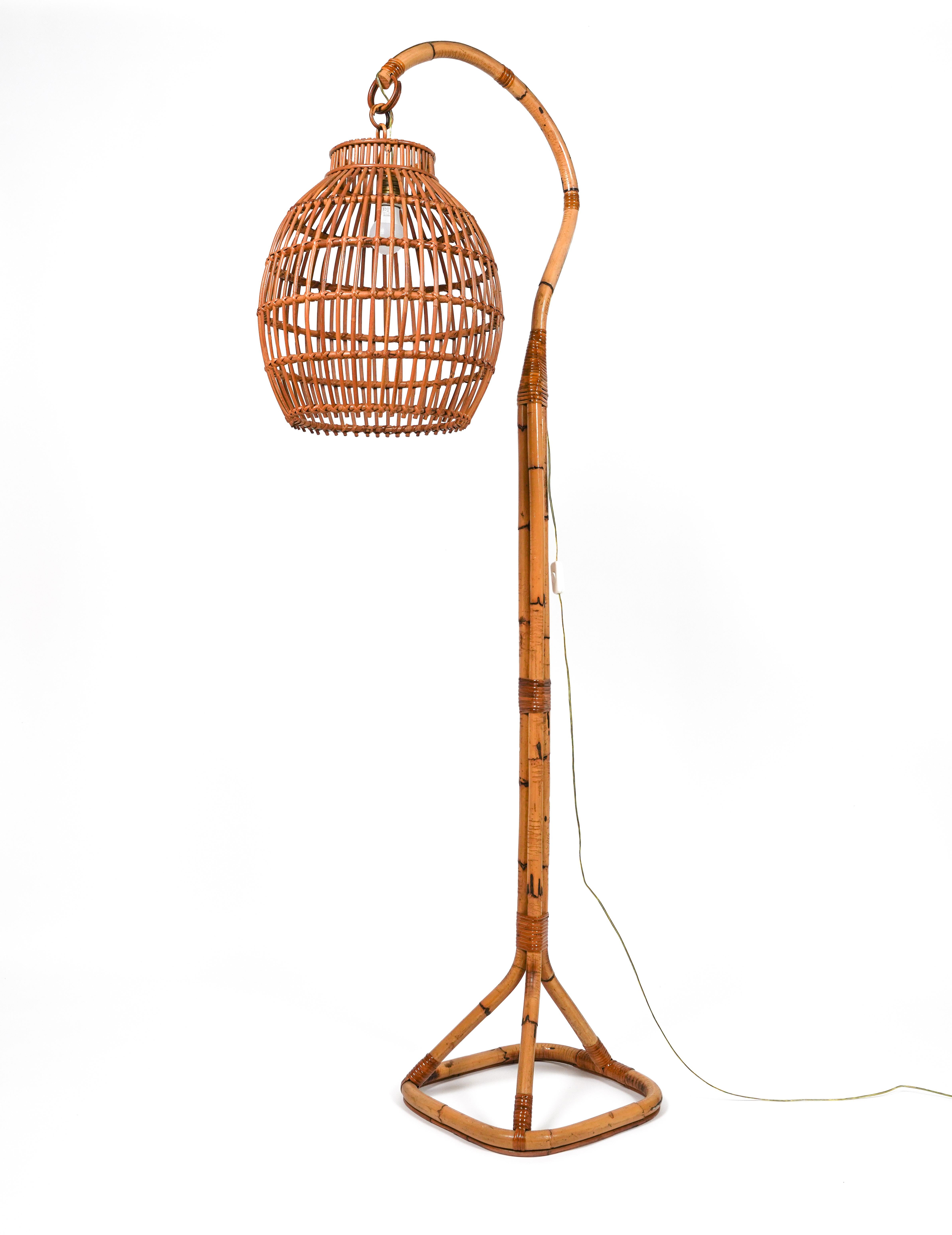 Midcentury Rattan and Bamboo Floor Lamp Louis Sognot Style, Italy 1960s For Sale 1