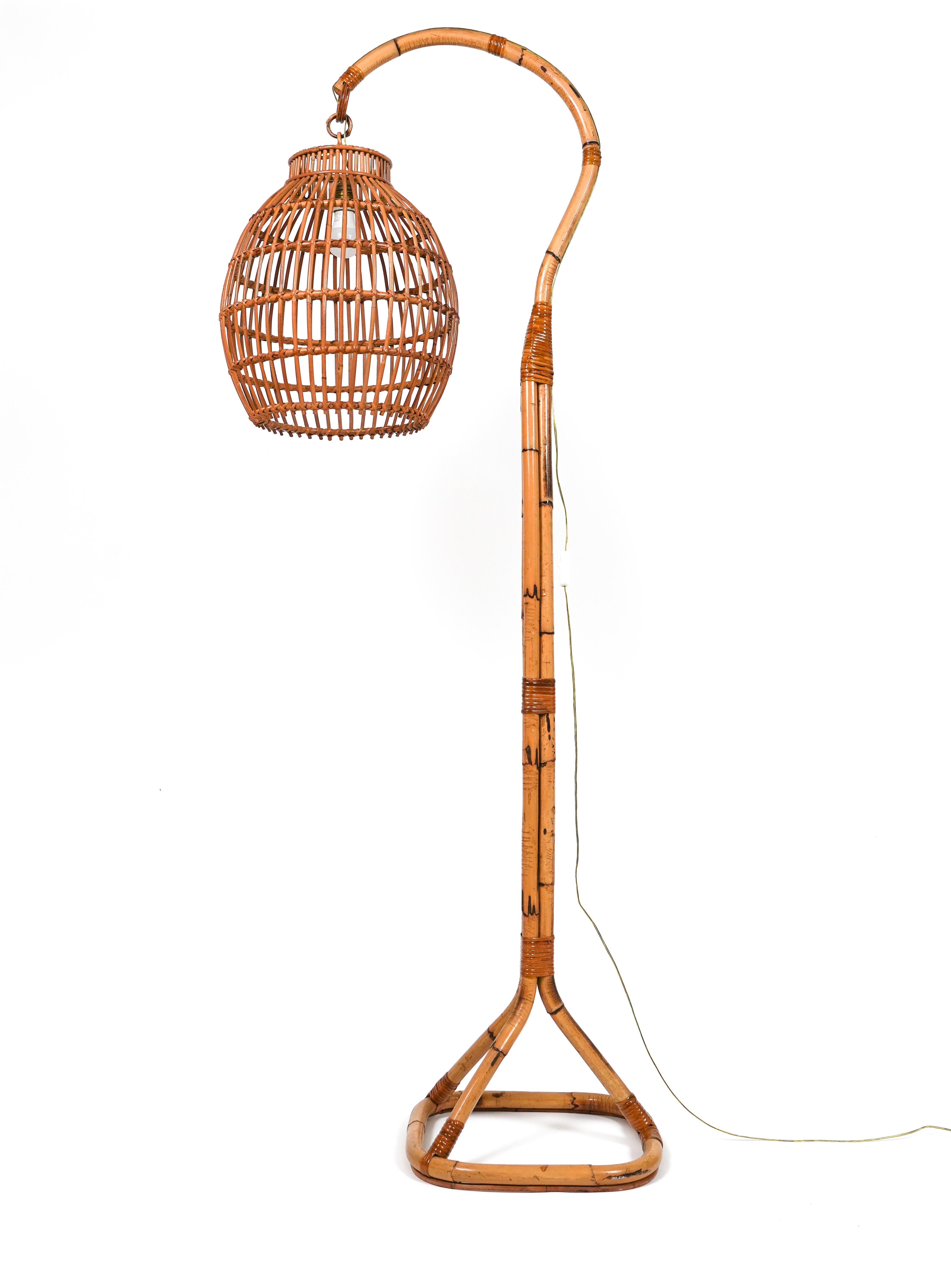 Midcentury Rattan and Bamboo Floor Lamp Louis Sognot Style, Italy 1960s For Sale 3