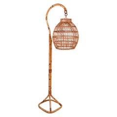 Midcentury Rattan and Bamboo Floor Lamp Louis Sognot Style, Italy 1960s
