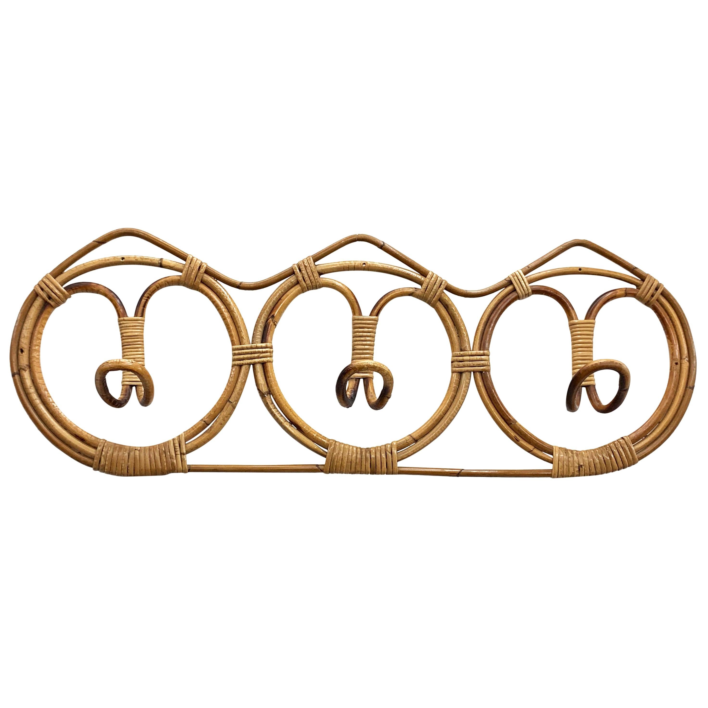 Midcentury Rattan and Bamboo Italian Coat Hook, 1960s For Sale
