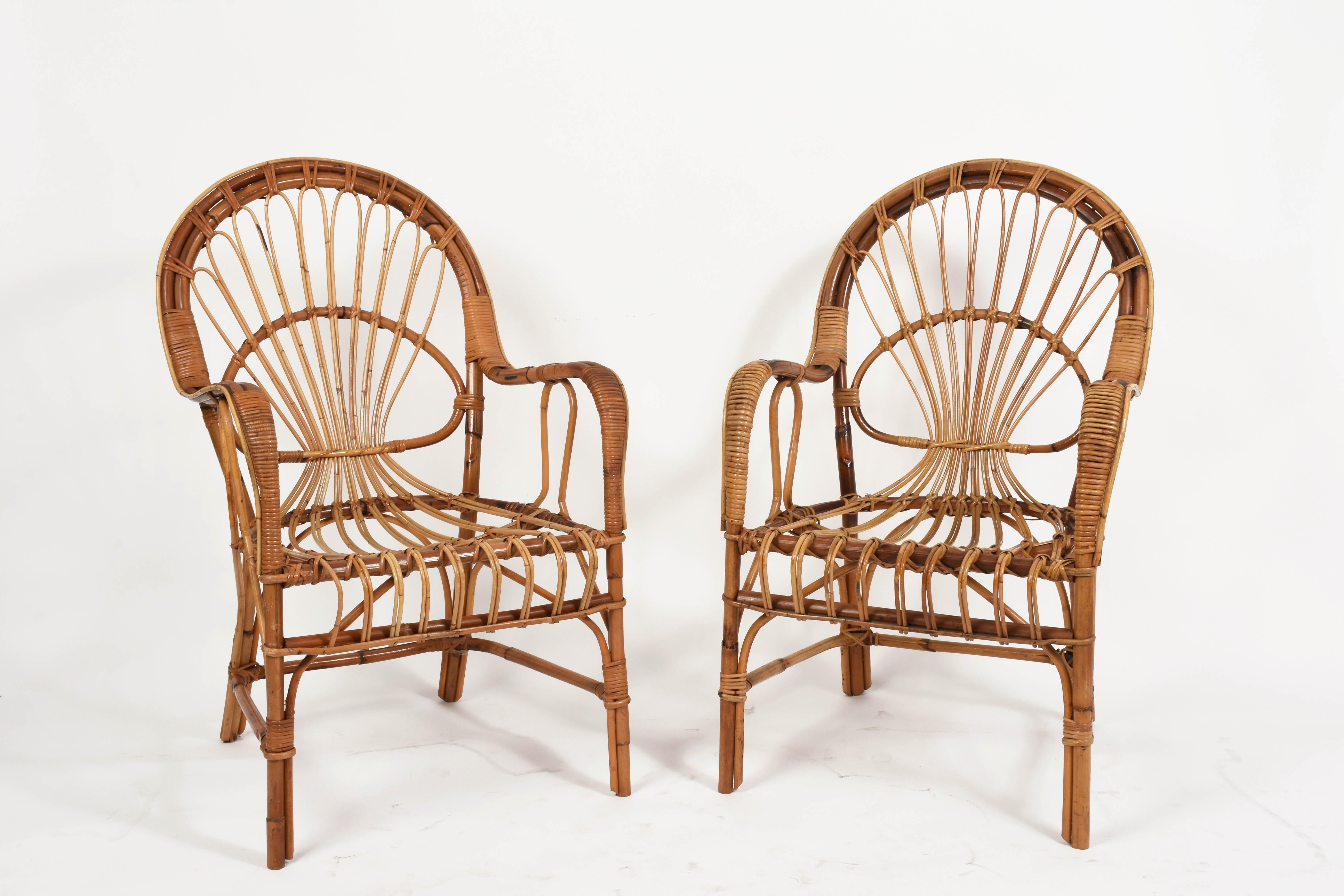 Midcentury Rattan and Bamboo Italian Set of Two Armchairs and Coffee Table 1970s 5