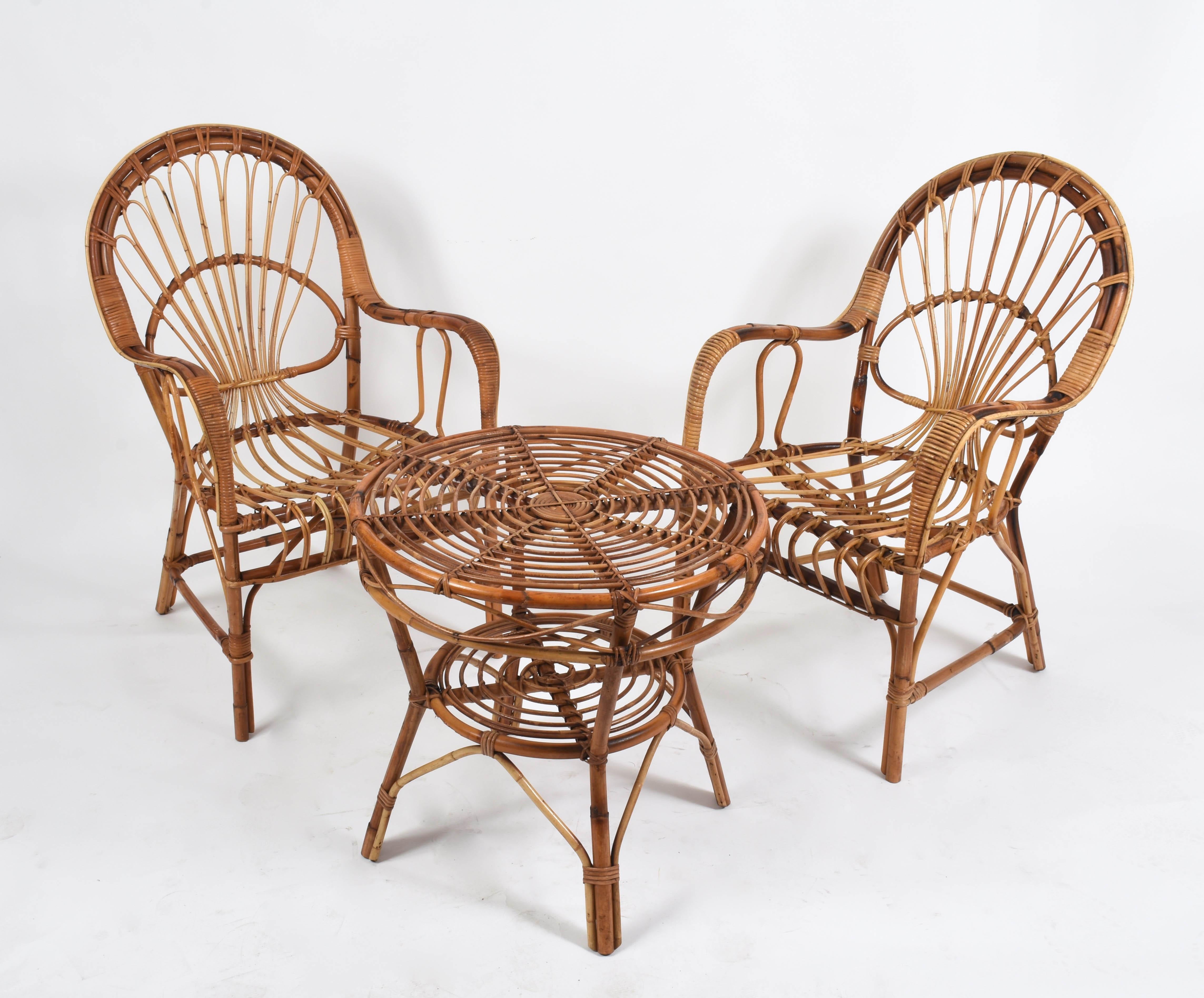 Mid-Century Modern Midcentury Rattan and Bamboo Italian Set of Two Armchairs and Coffee Table 1970s