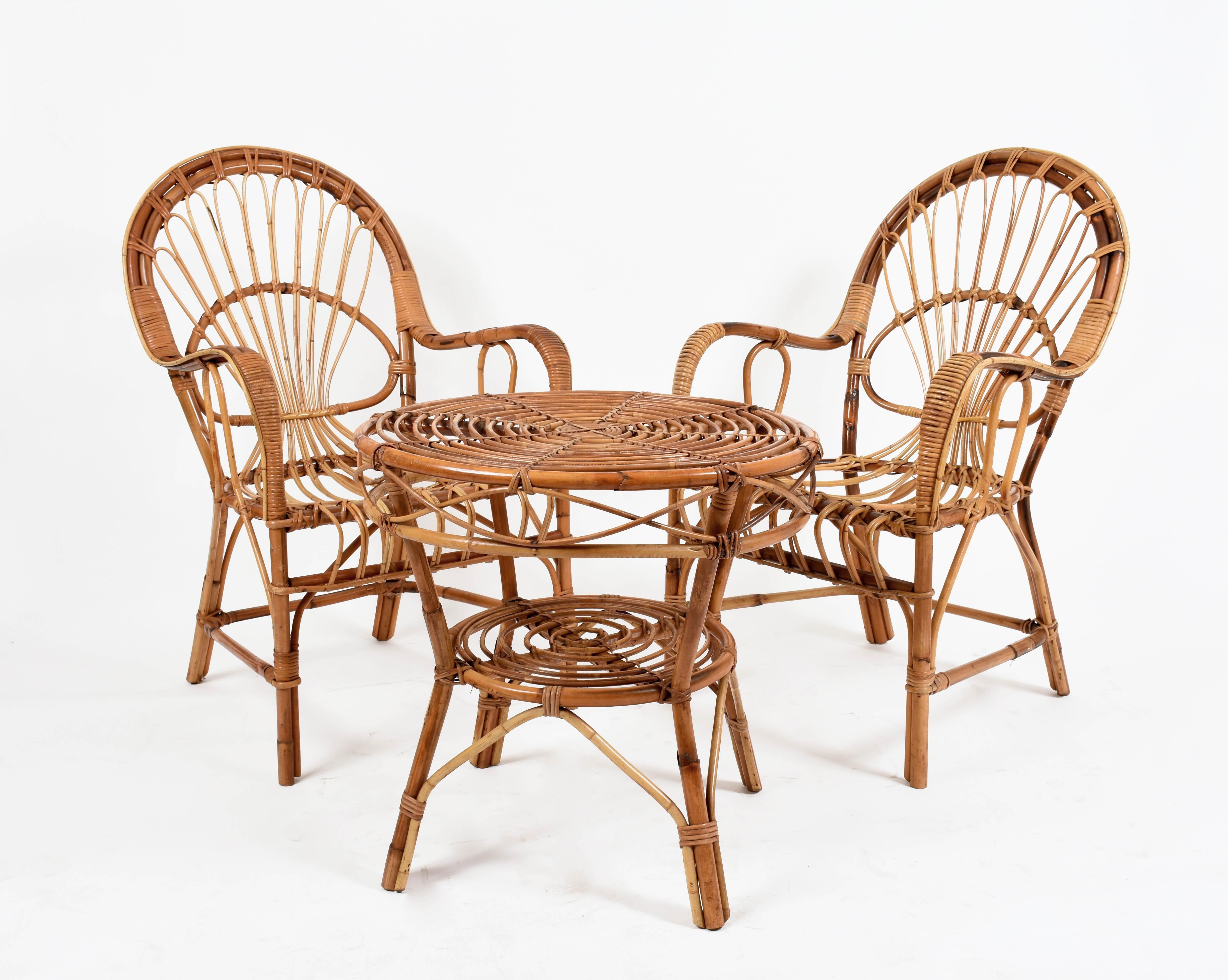 20th Century Midcentury Rattan and Bamboo Italian Set of Two Armchairs and Coffee Table 1970s