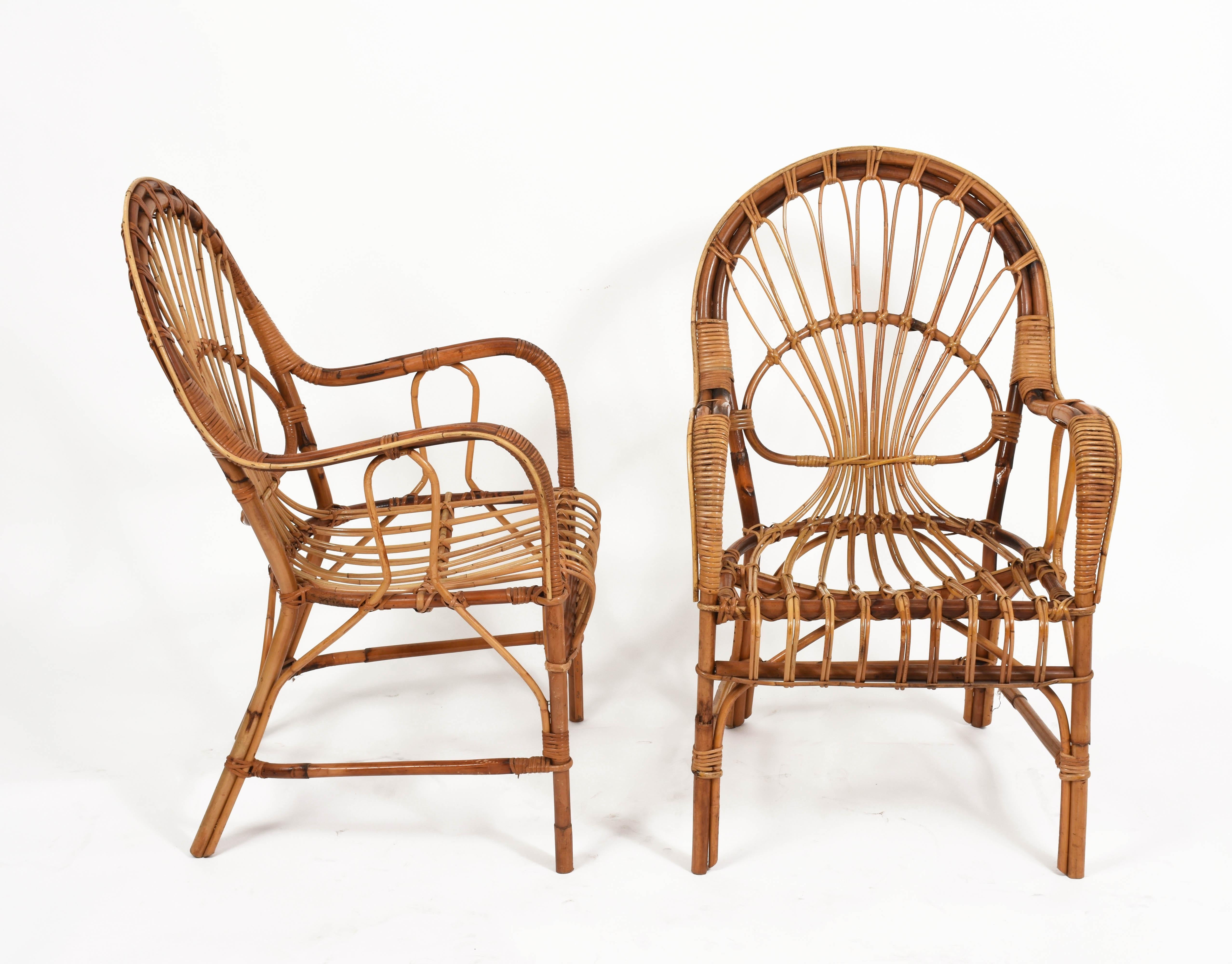 Midcentury Rattan and Bamboo Italian Set of Two Armchairs and Coffee Table 1970s 1