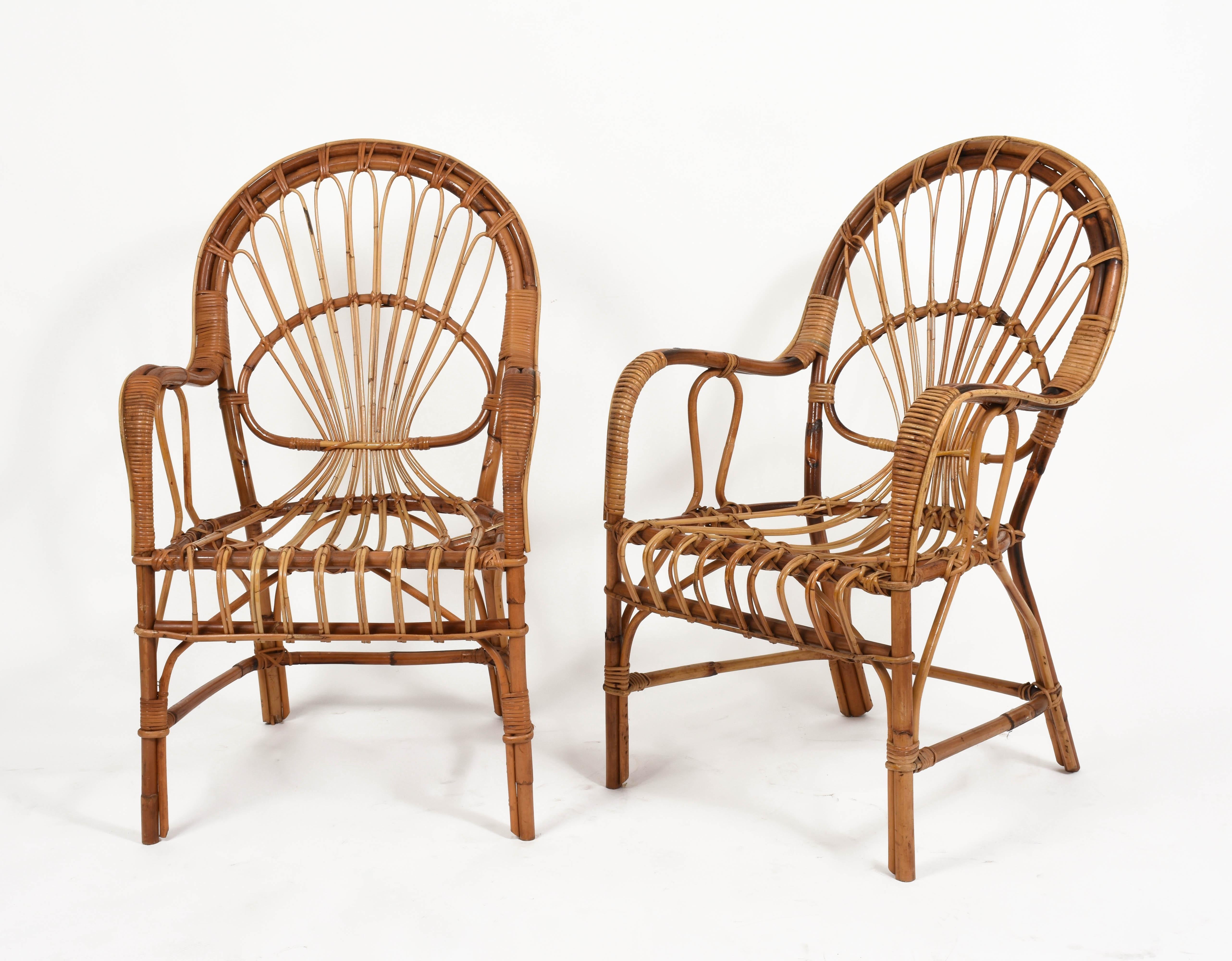 Midcentury Rattan and Bamboo Italian Set of Two Armchairs and Coffee Table 1970s 3