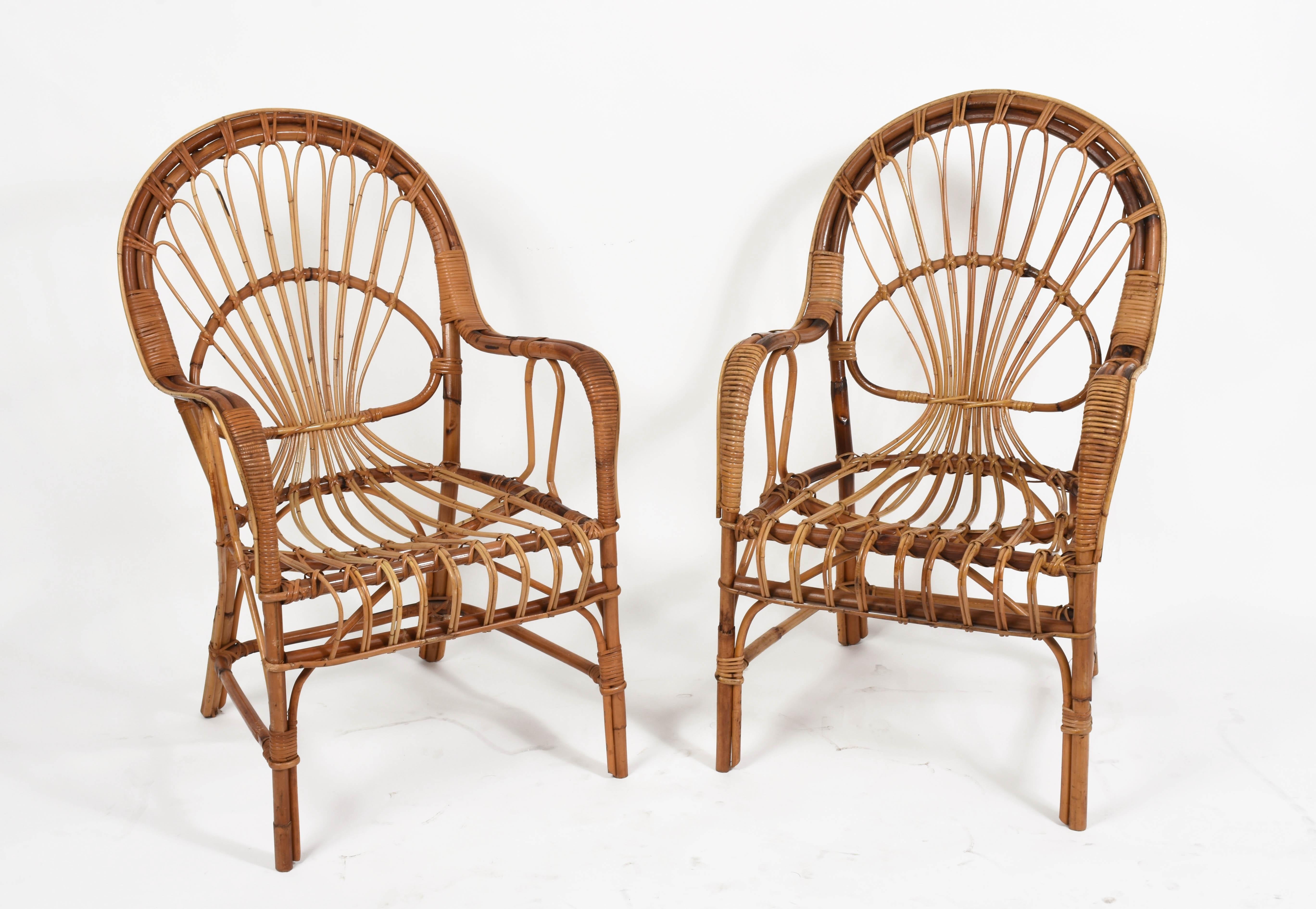 Midcentury Rattan and Bamboo Italian Set of Two Armchairs and Coffee Table 1970s 4