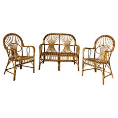 Vintage Rattan garden Set of Two Armchairs and One Sofa, 1970s