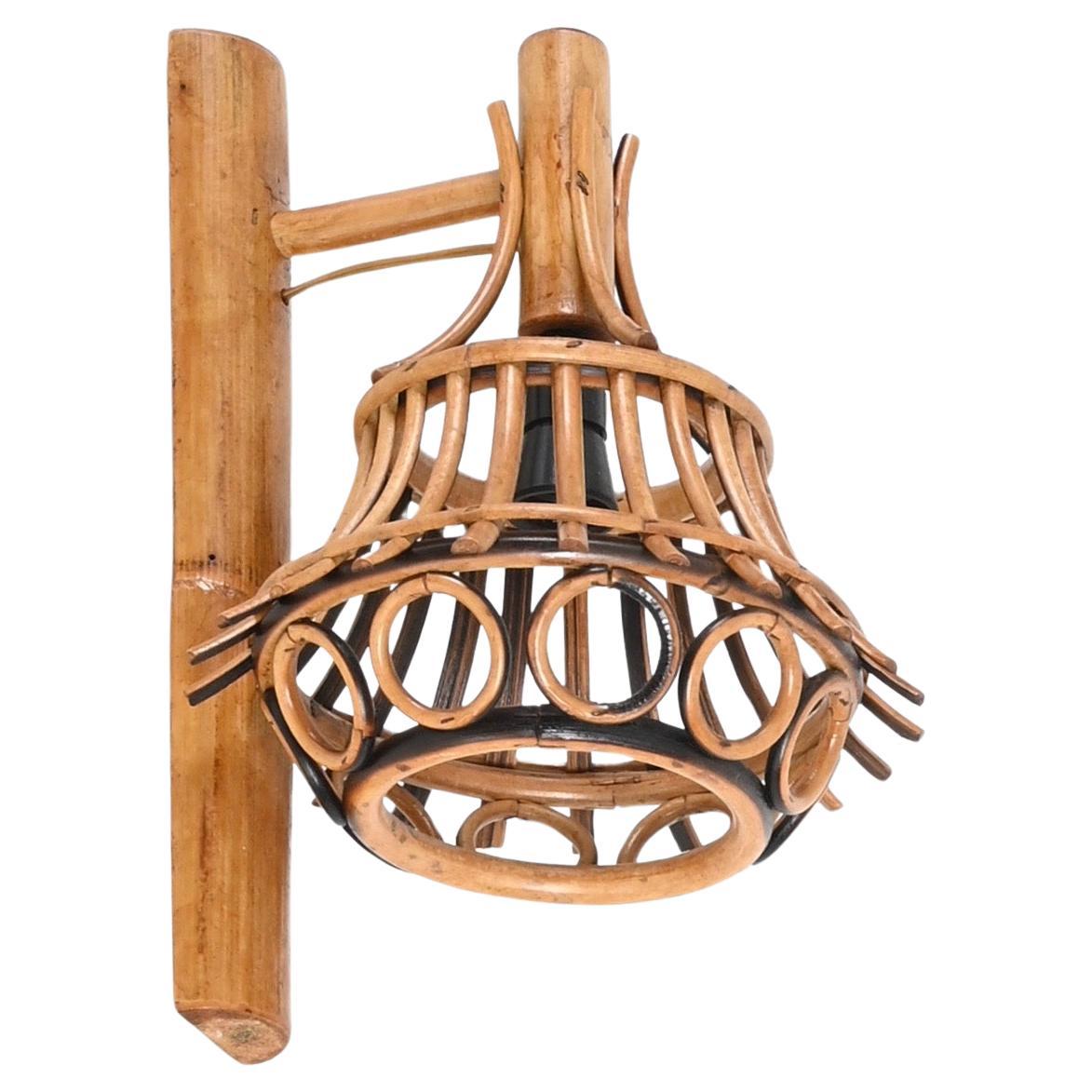 Midcentury Rattan and Bamboo "Lantern" Sconce, Louis Sognot, France, 1960s