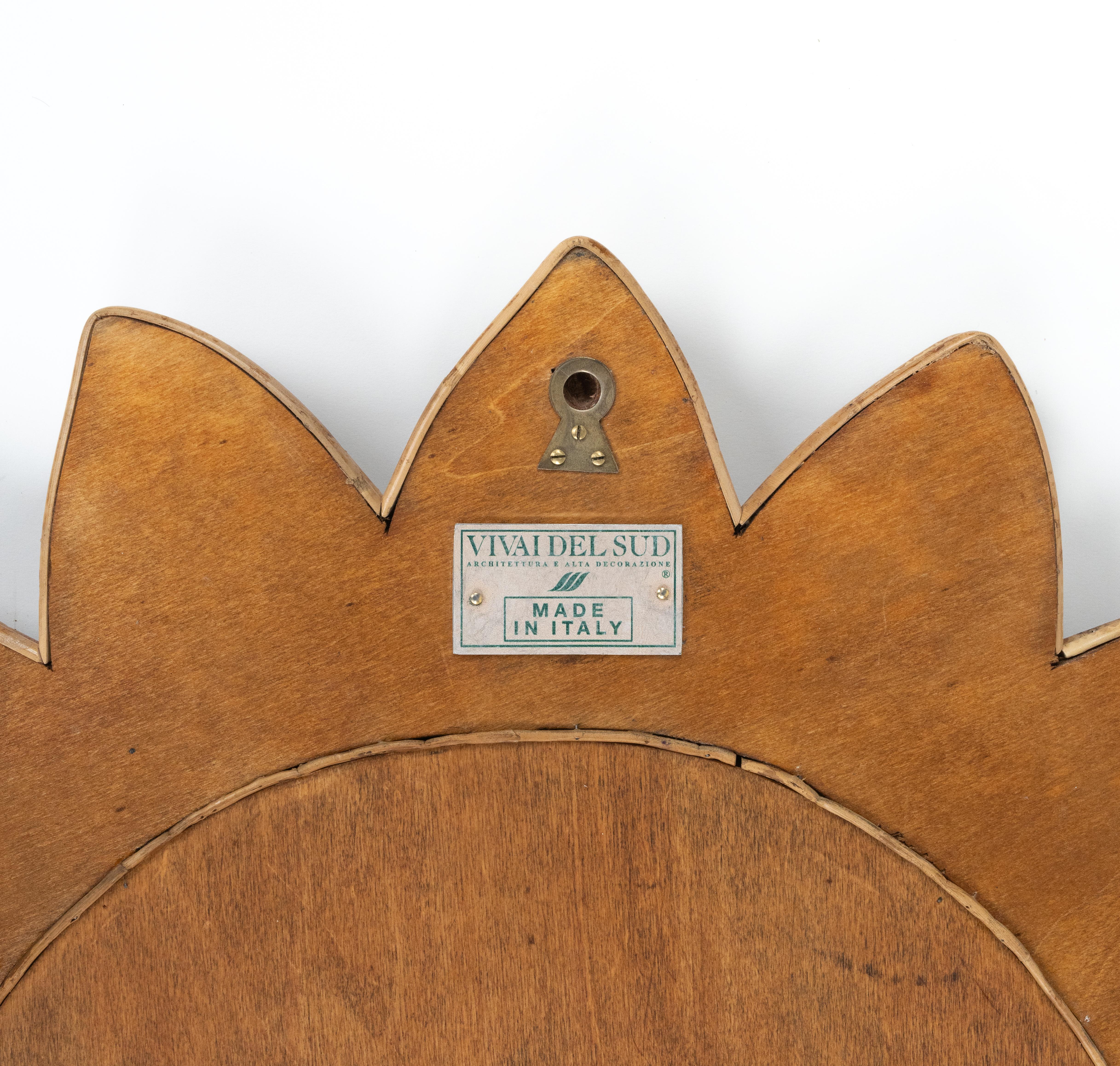 Midcentury Rattan and Bamboo Leaf Wall Mirror by Vivai Del Sud, Italy 1970s For Sale 4