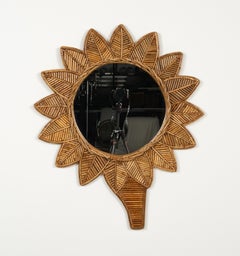 Midcentury Rattan and Bamboo Leaf Wall Mirror by Vivai Del Sud, Italy 1970s