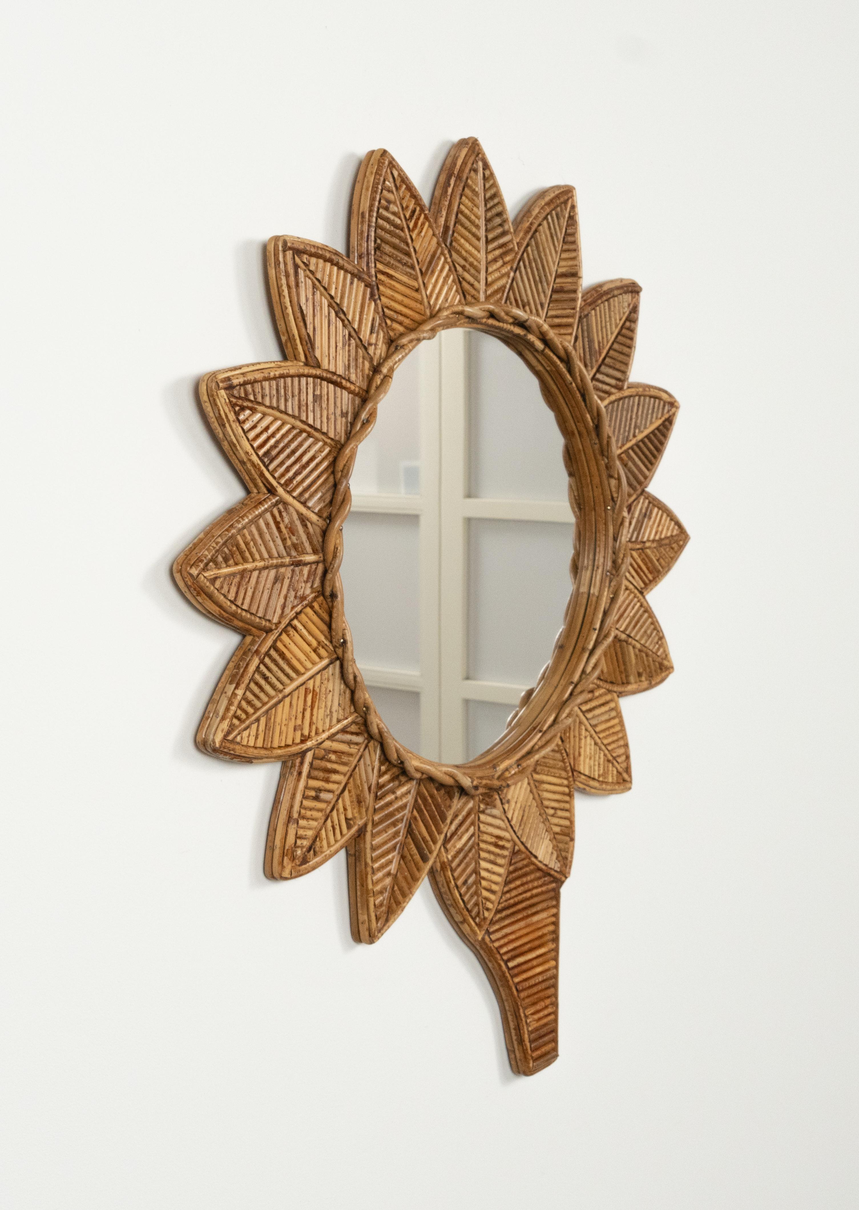 Italian Midcentury Rattan and Bamboo Leaf Wall Mirror by Vivai Del Sud, Italy 1970s For Sale