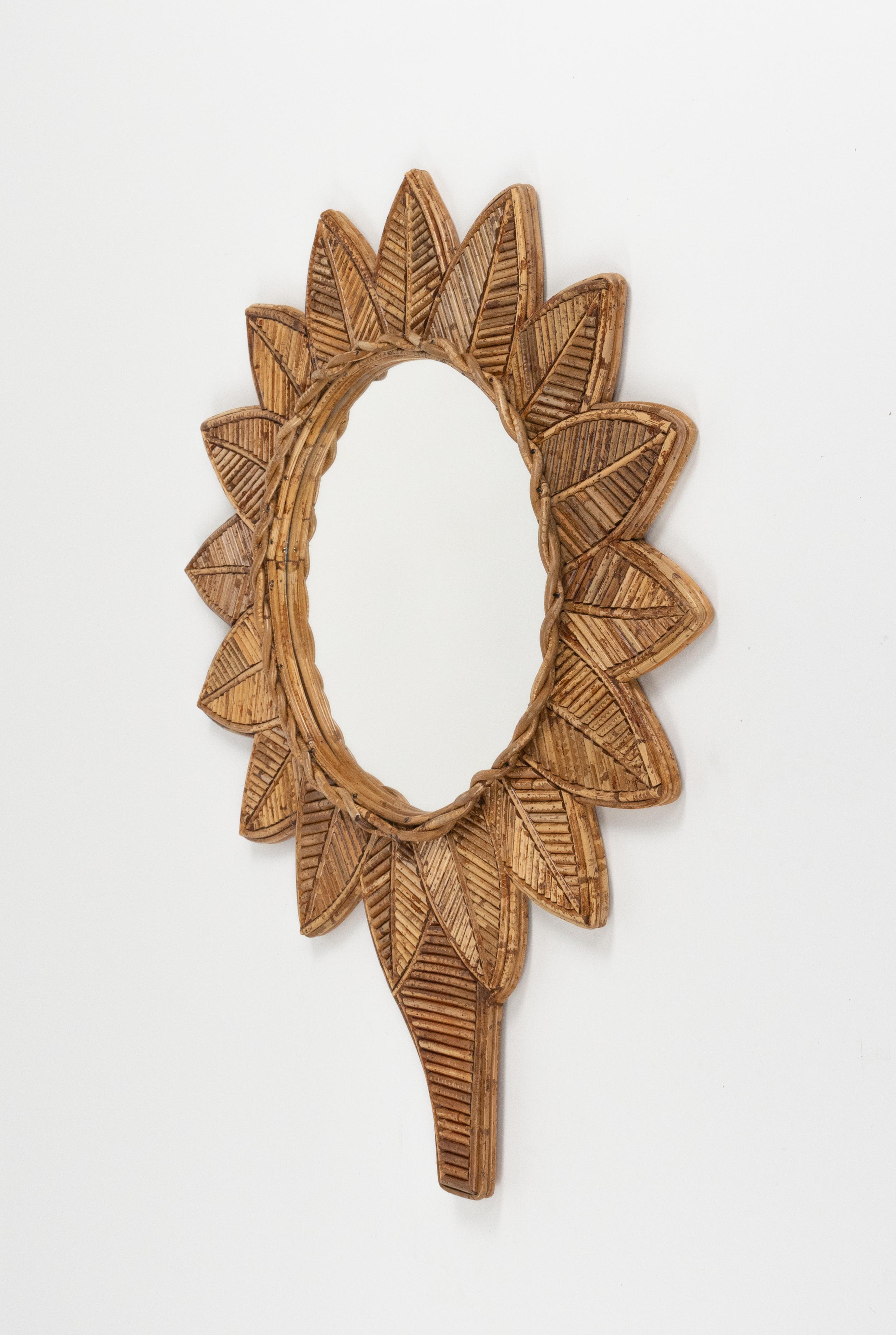 Midcentury Rattan and Bamboo Leaf Wall Mirror by Vivai Del Sud, Italy 1970s For Sale 1