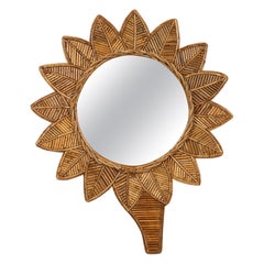 Midcentury Rattan and Bamboo Leaf Wall Mirror by Vivai Del Sud, Italy 1970s