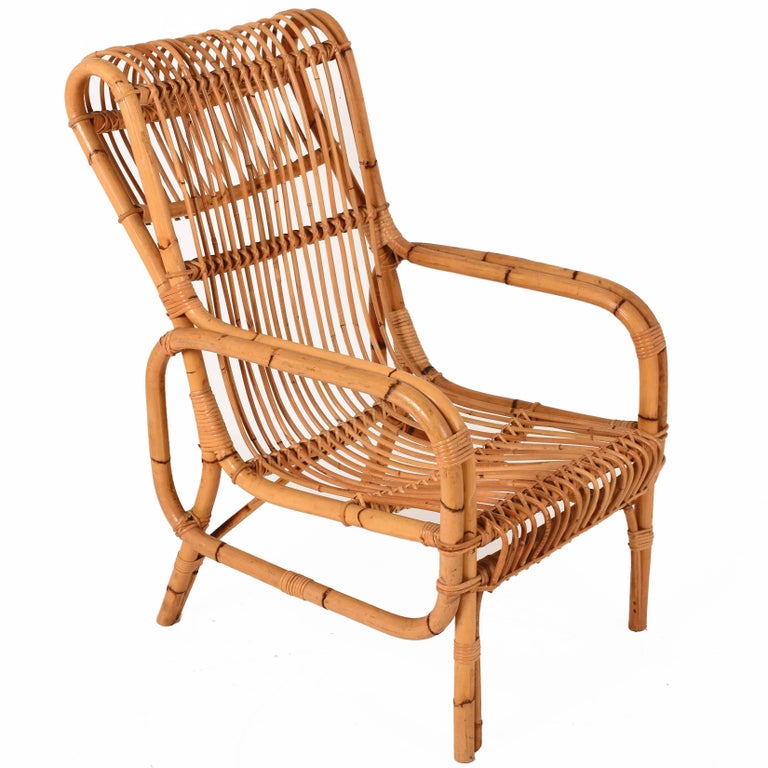 Midcentury Rattan and Bamboo Lounge Chair, Italy, 1960s Armchair For Sale  at 1stDibs