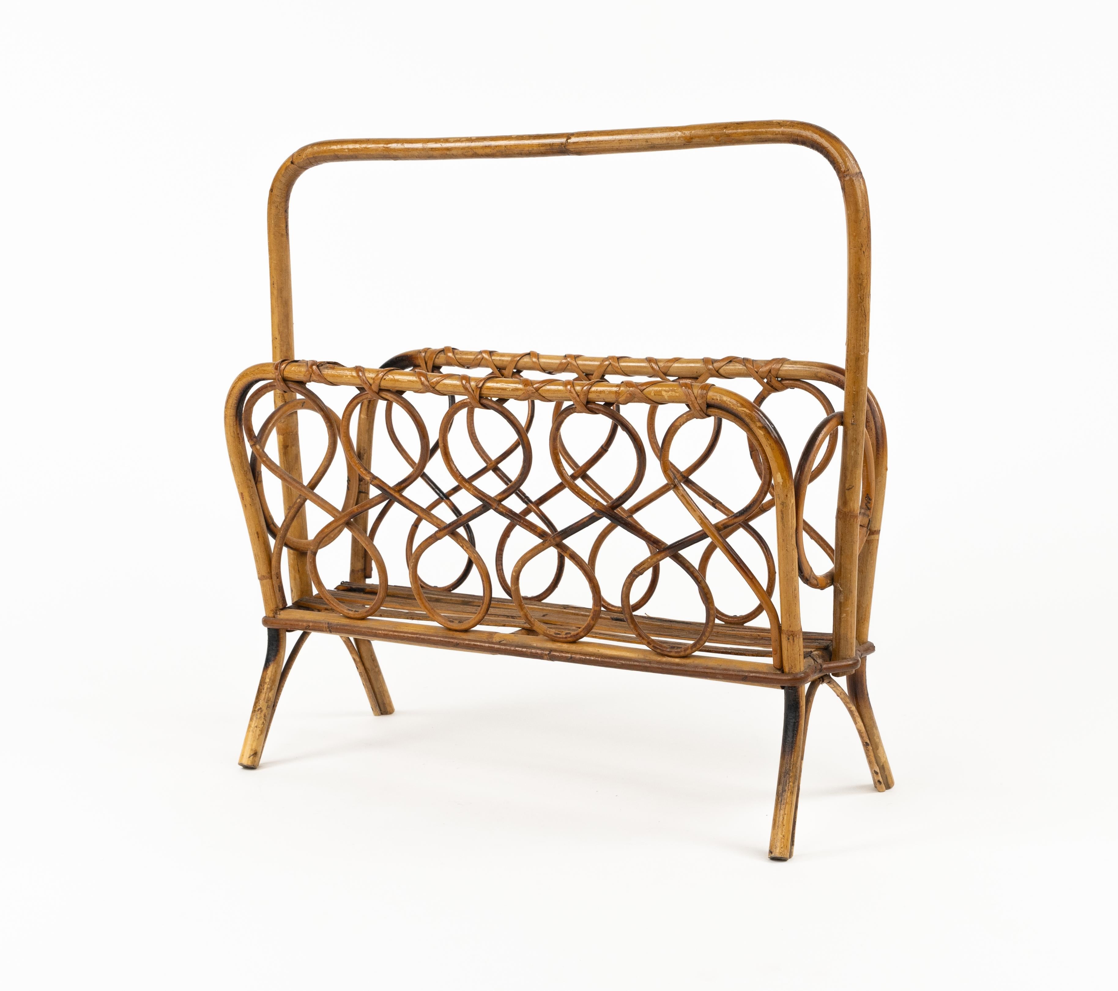 Midcentury Rattan and Bamboo Magazine Rack, Italy 1960s For Sale 4