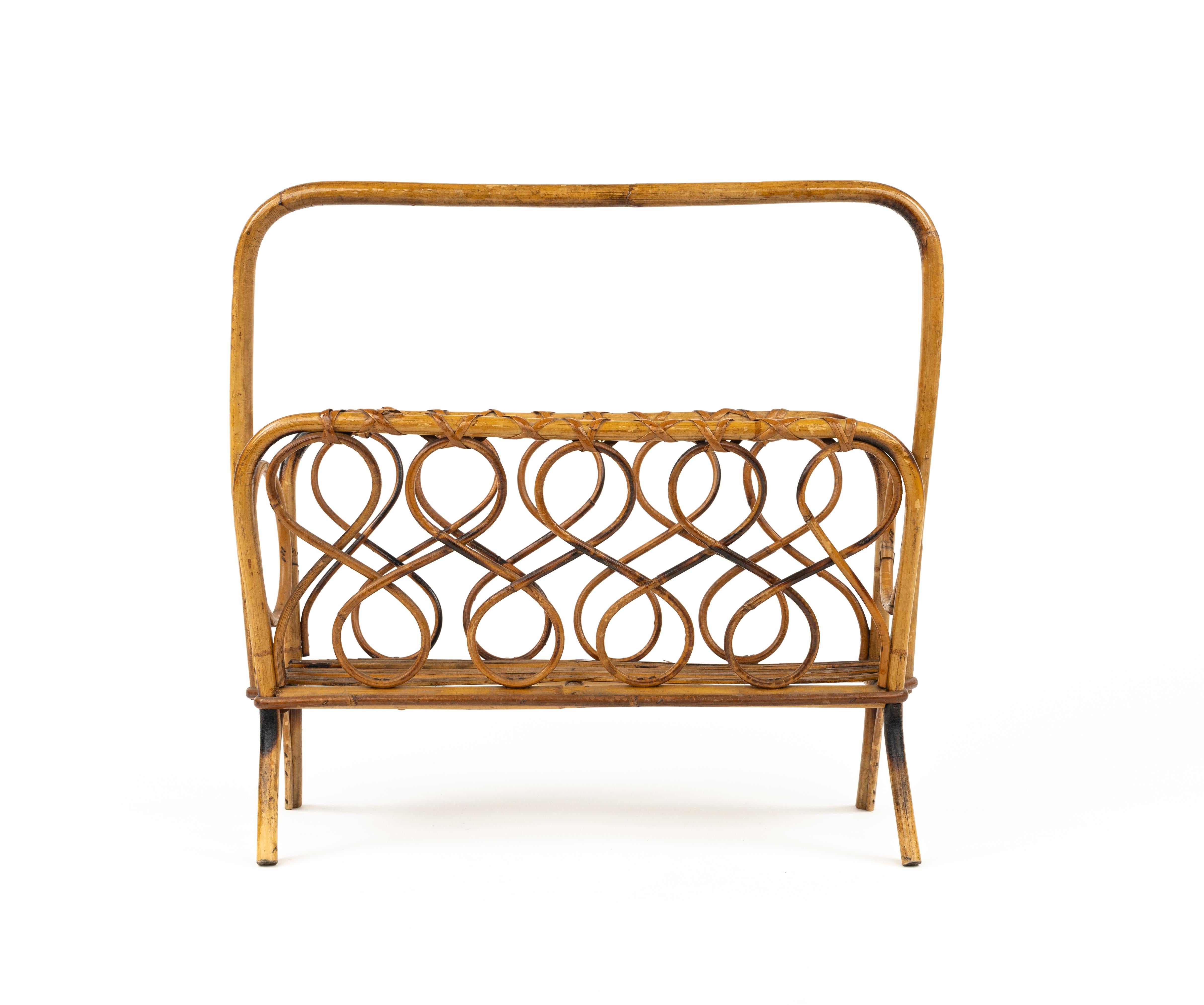 Mid-Century Modern Midcentury Rattan and Bamboo Magazine Rack, Italy 1960s For Sale