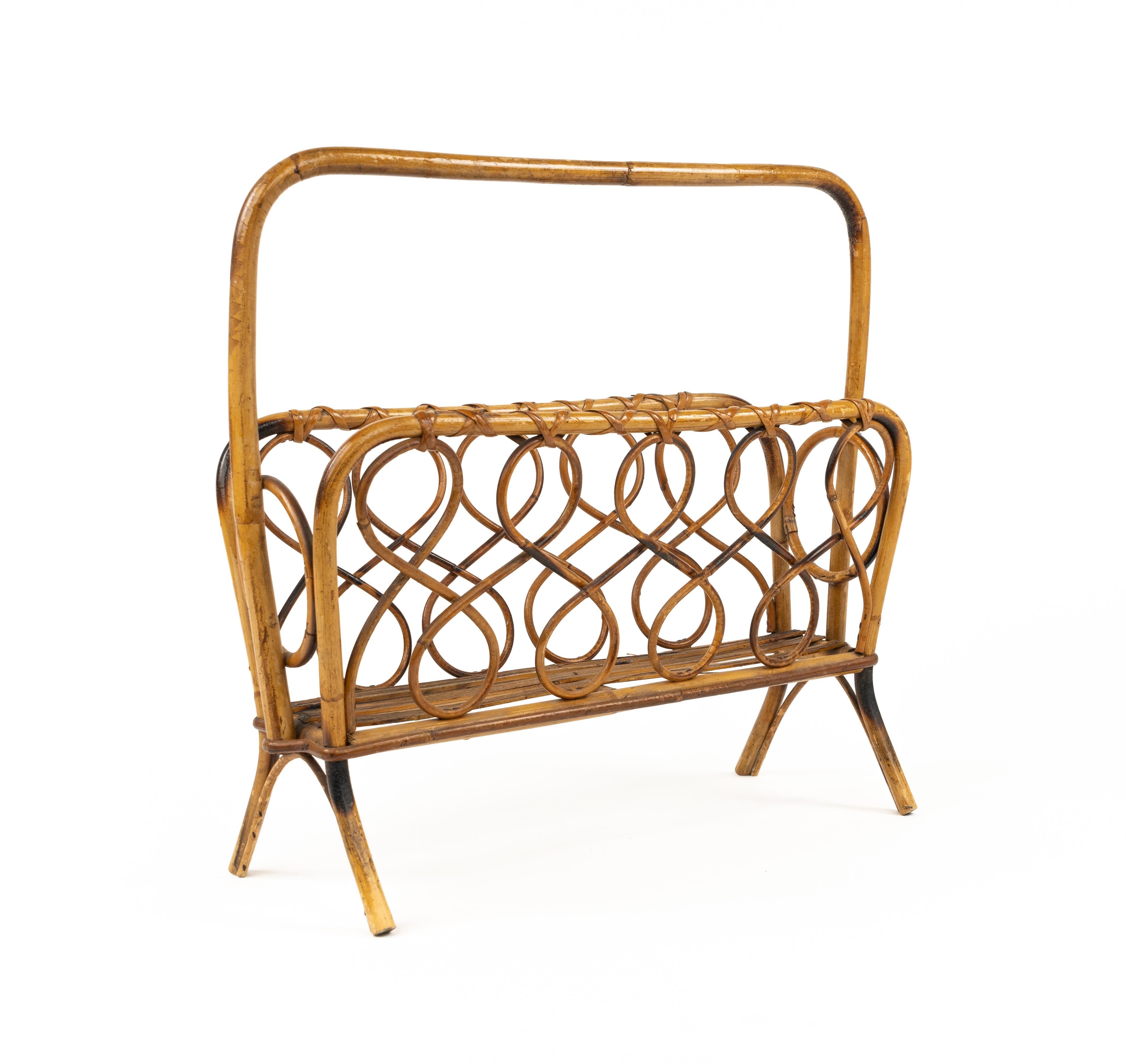 Mid-20th Century Midcentury Rattan and Bamboo Magazine Rack, Italy 1960s For Sale