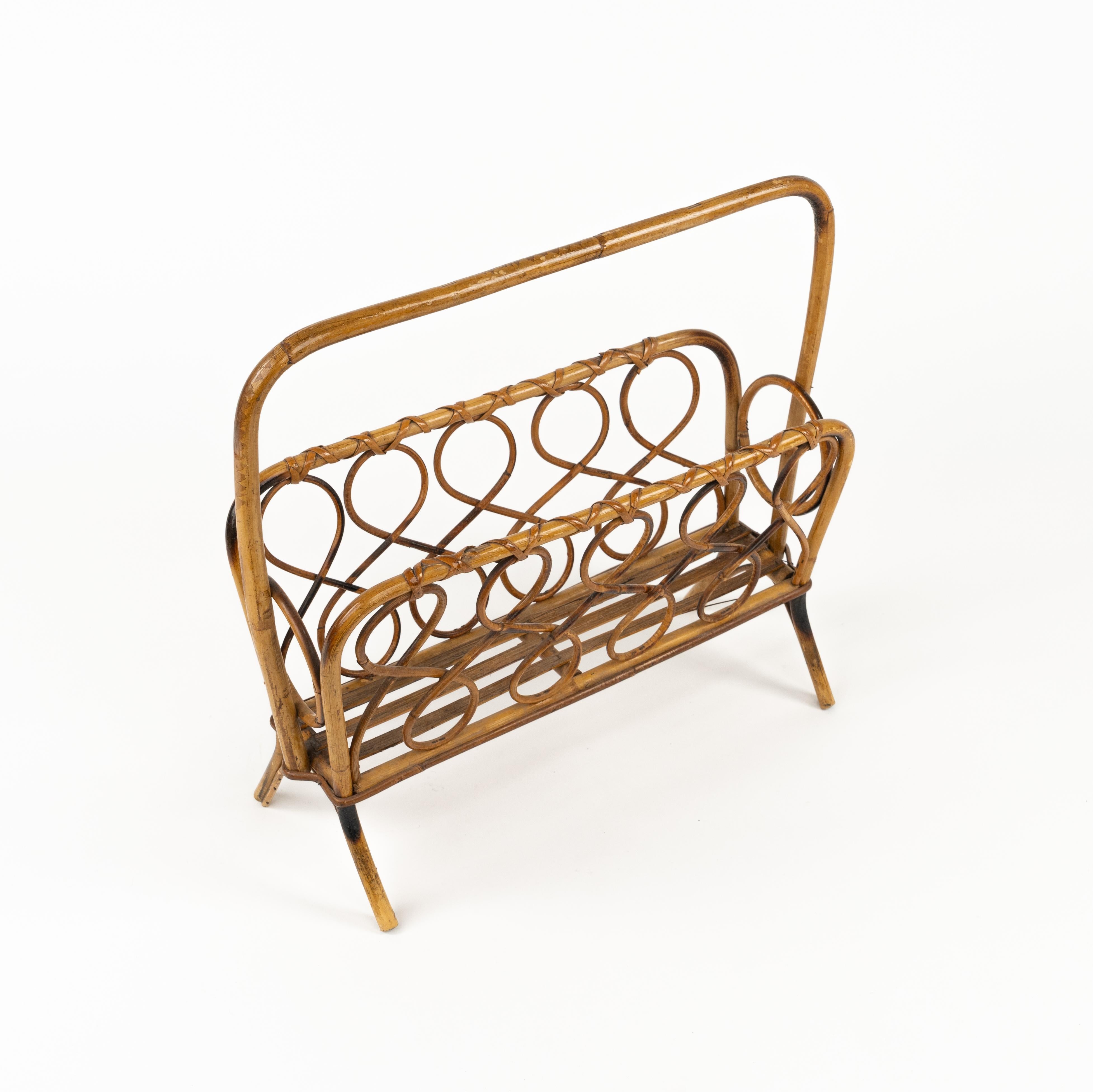 Midcentury Rattan and Bamboo Magazine Rack, Italy 1960s For Sale 1
