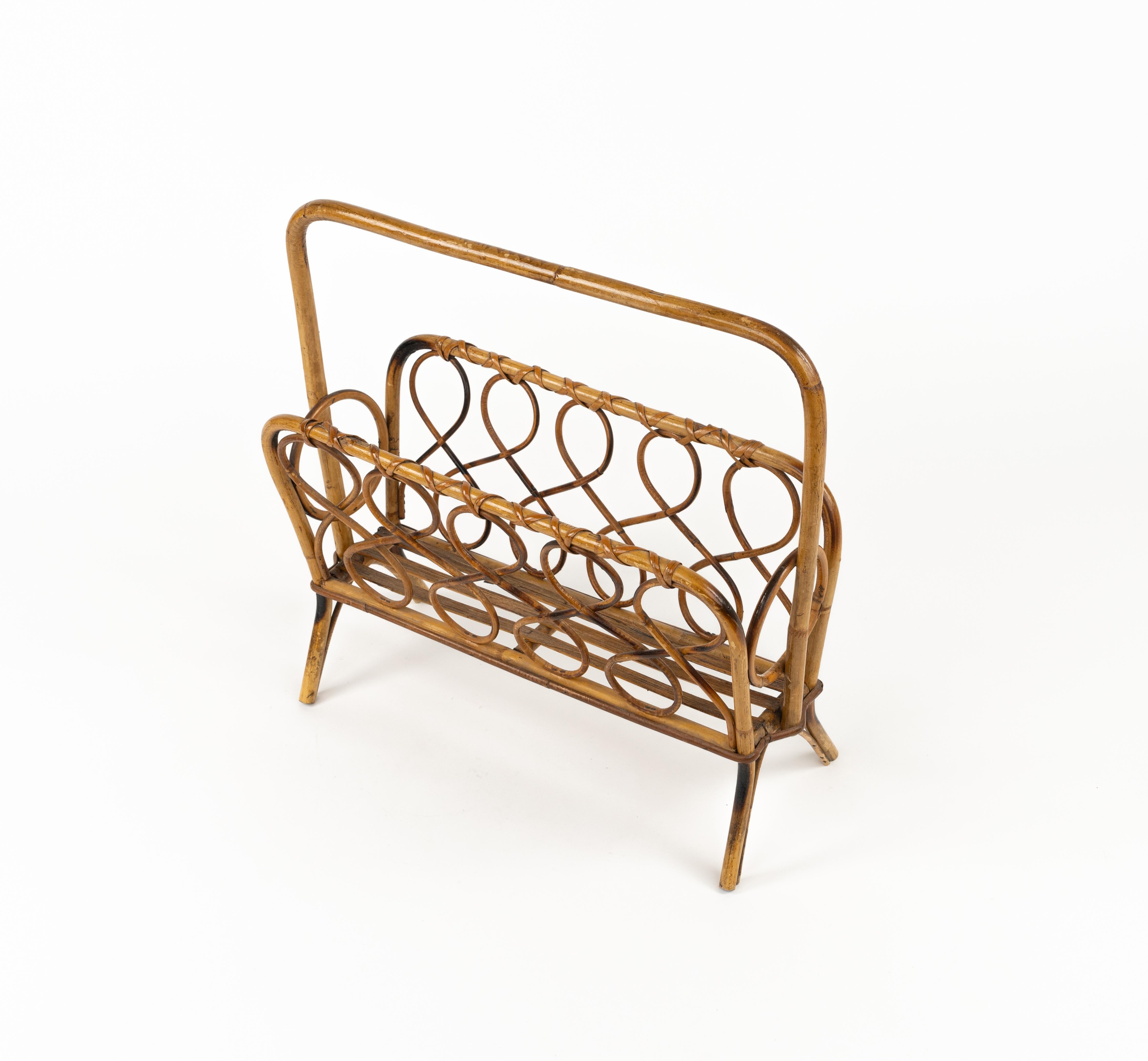 Midcentury Rattan and Bamboo Magazine Rack, Italy 1960s For Sale 2