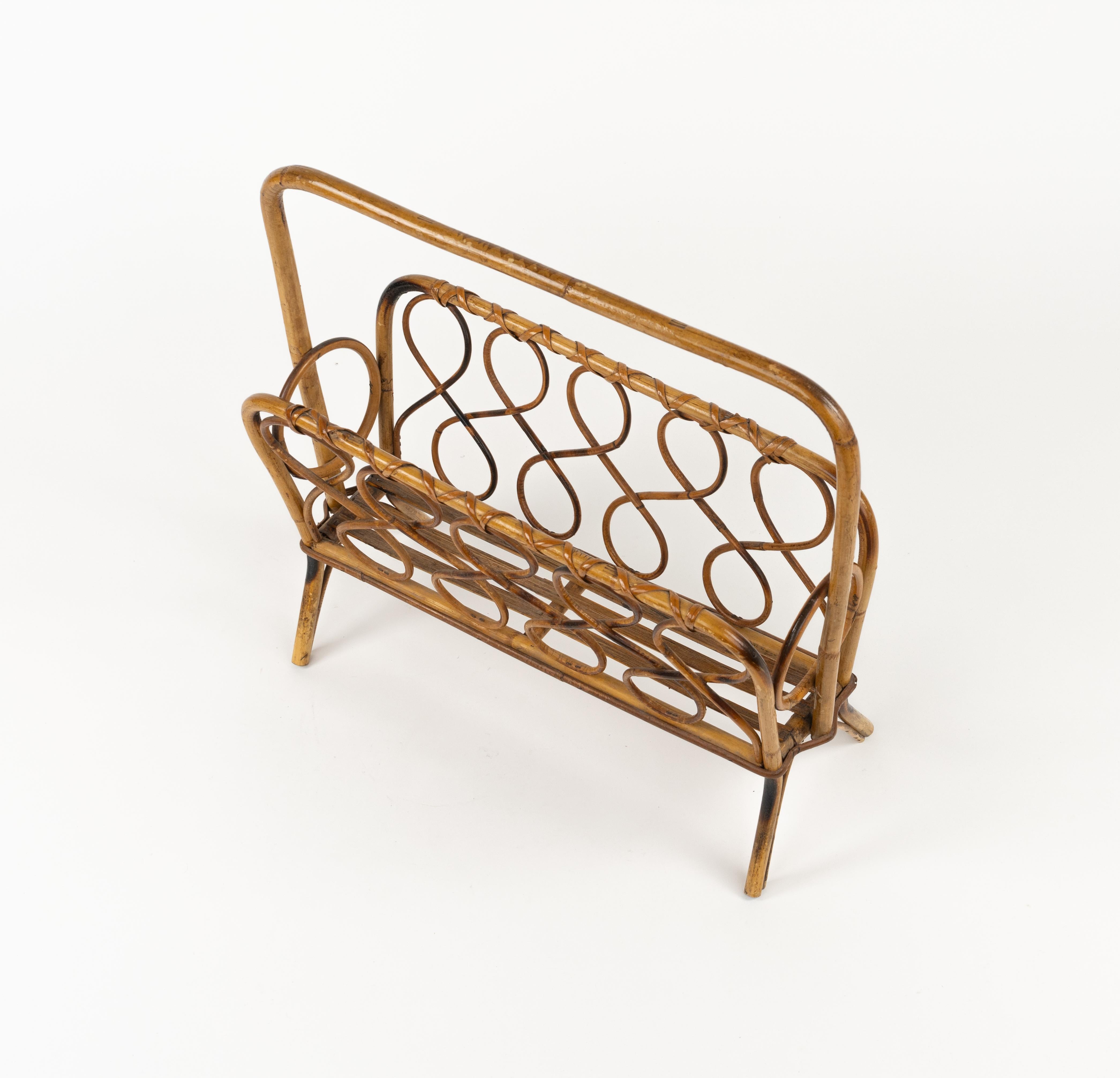 Midcentury Rattan and Bamboo Magazine Rack, Italy 1960s For Sale 3