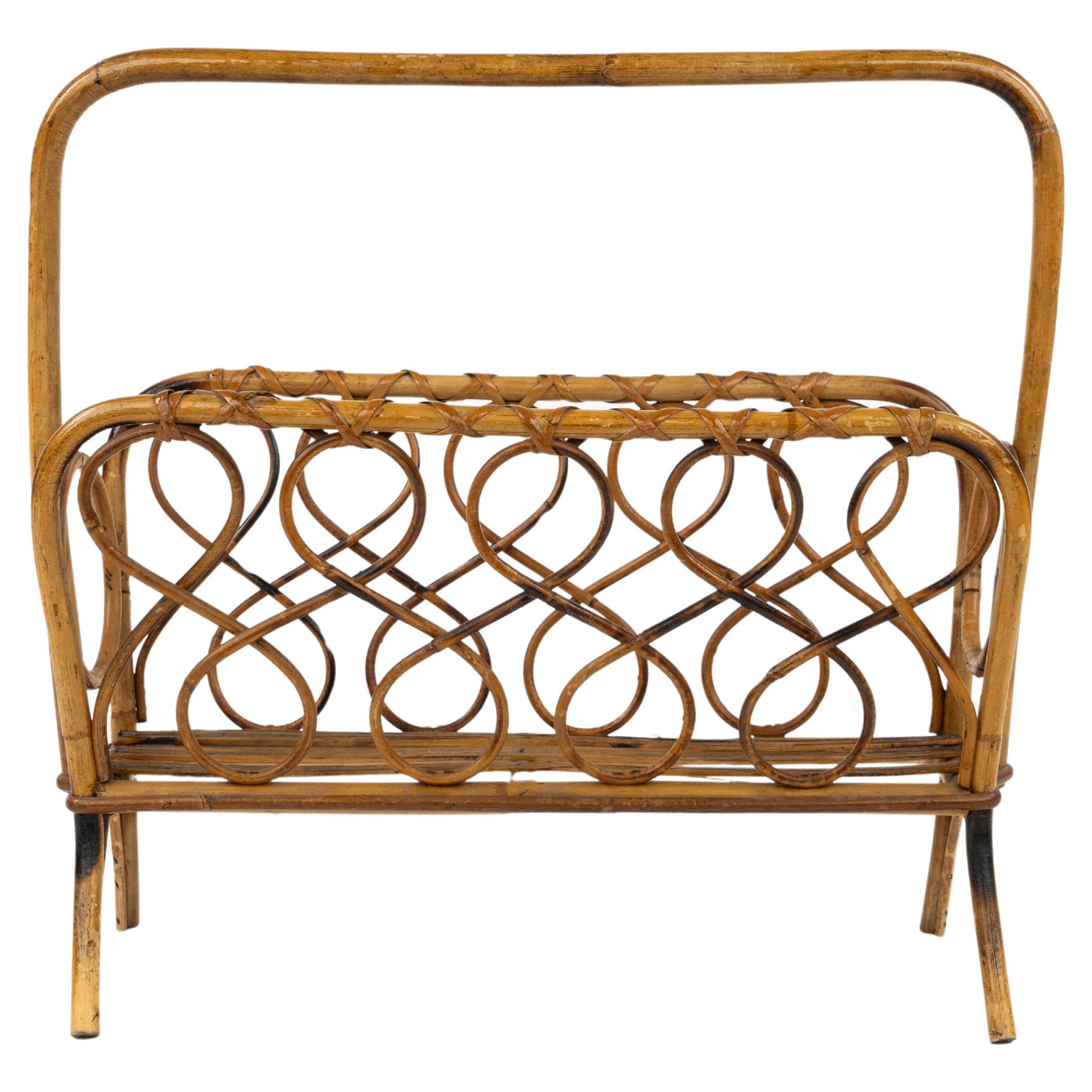 Midcentury Rattan and Bamboo Magazine Rack, Italy 1960s For Sale