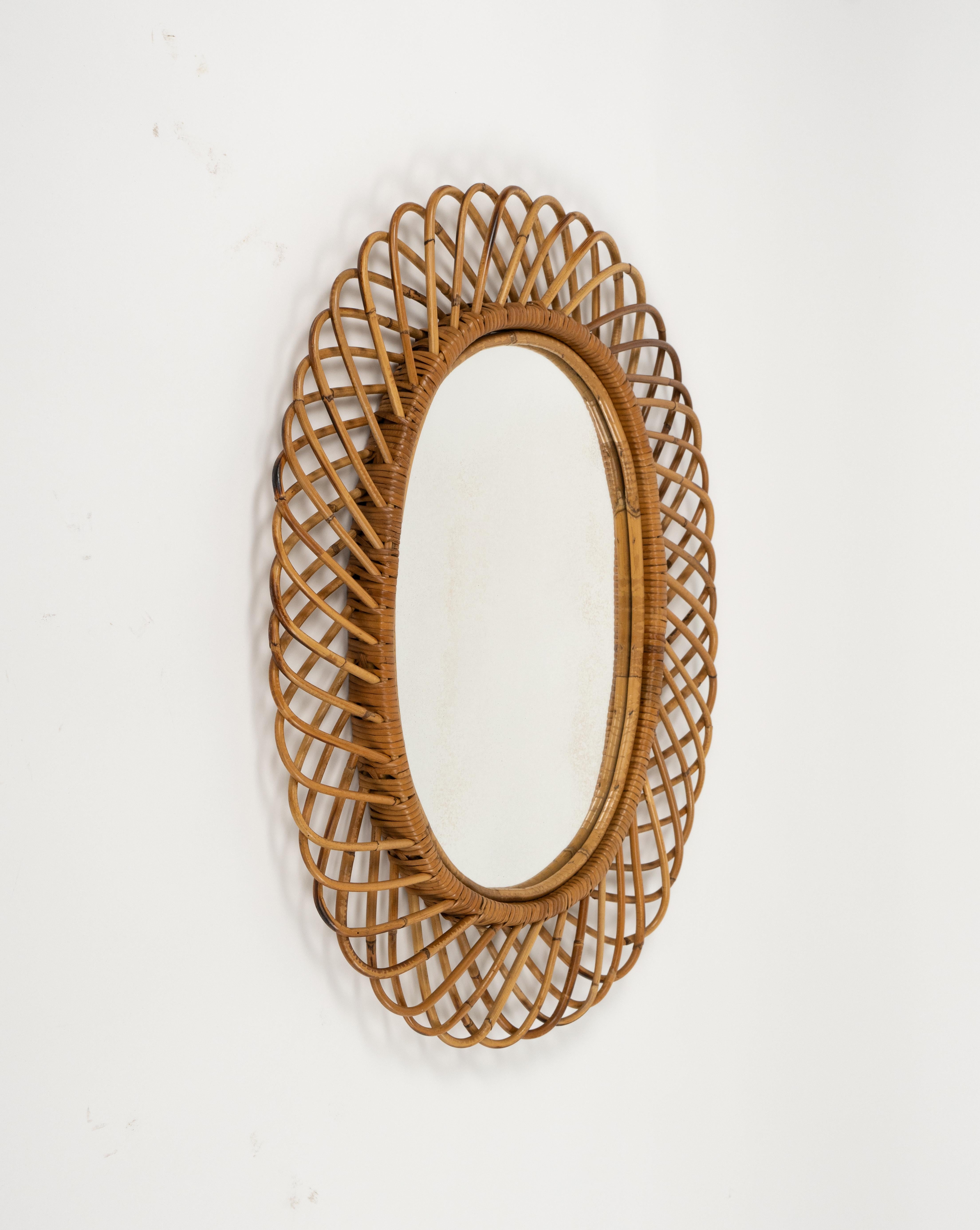 Midcentury Rattan and Bamboo Oval Wall Mirror by Franco Albini, Italy 1960s For Sale 4