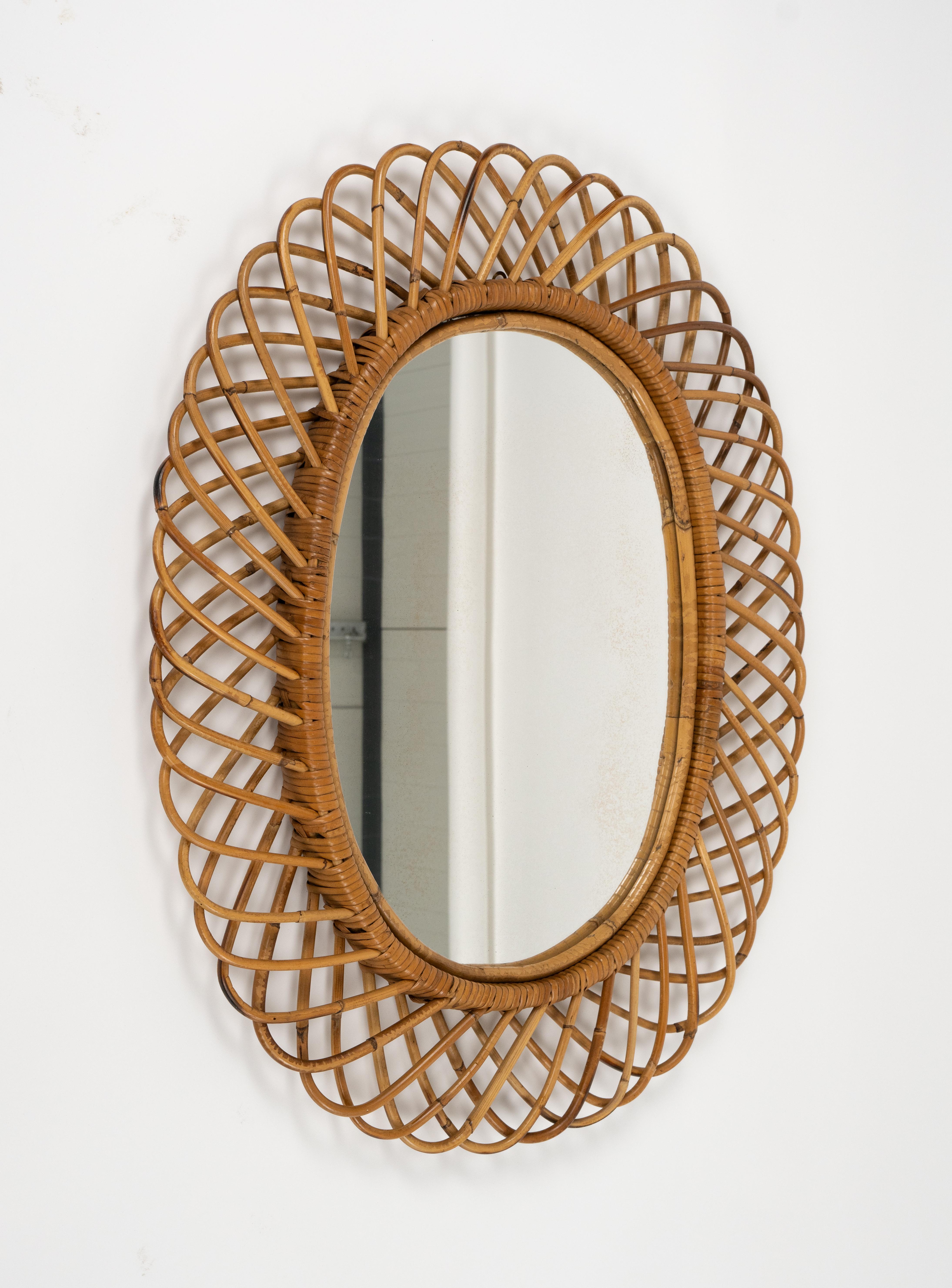 Midcentury Rattan and Bamboo Oval Wall Mirror by Franco Albini, Italy 1960s For Sale 5