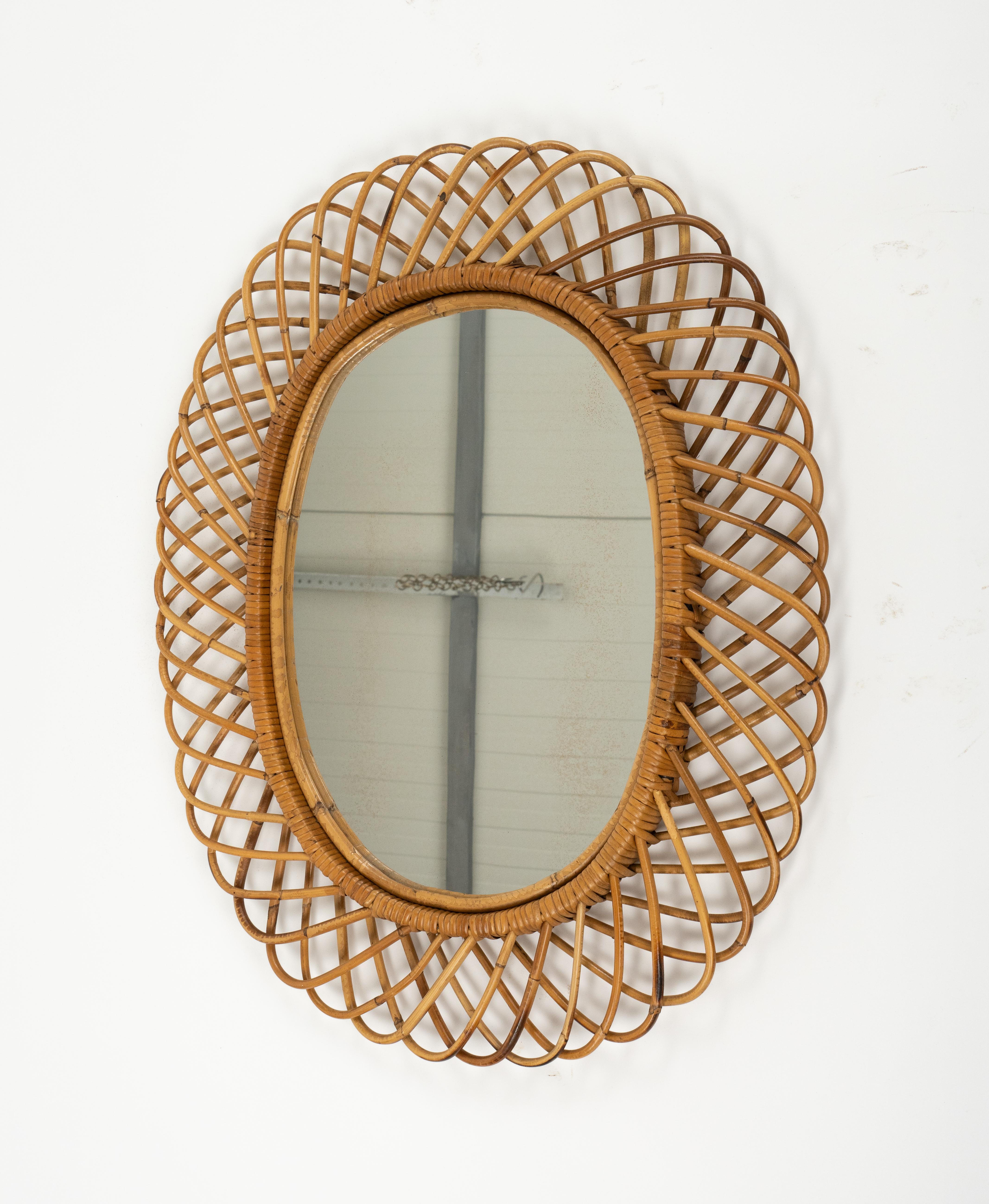 Midcentury Rattan and Bamboo Oval Wall Mirror by Franco Albini, Italy 1960s For Sale 6