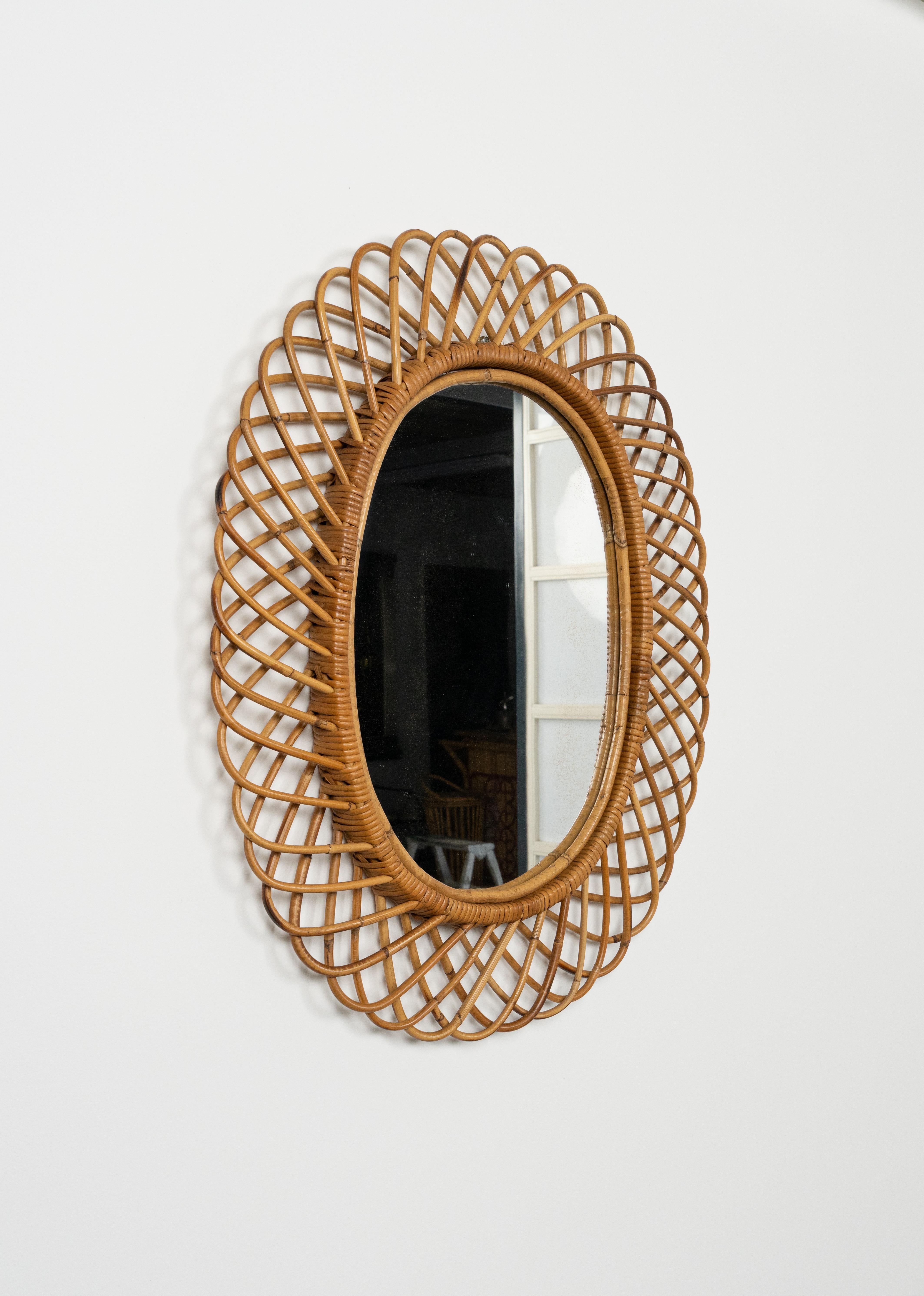 Mid-Century Modern Midcentury Rattan and Bamboo Oval Wall Mirror by Franco Albini, Italy 1960s For Sale