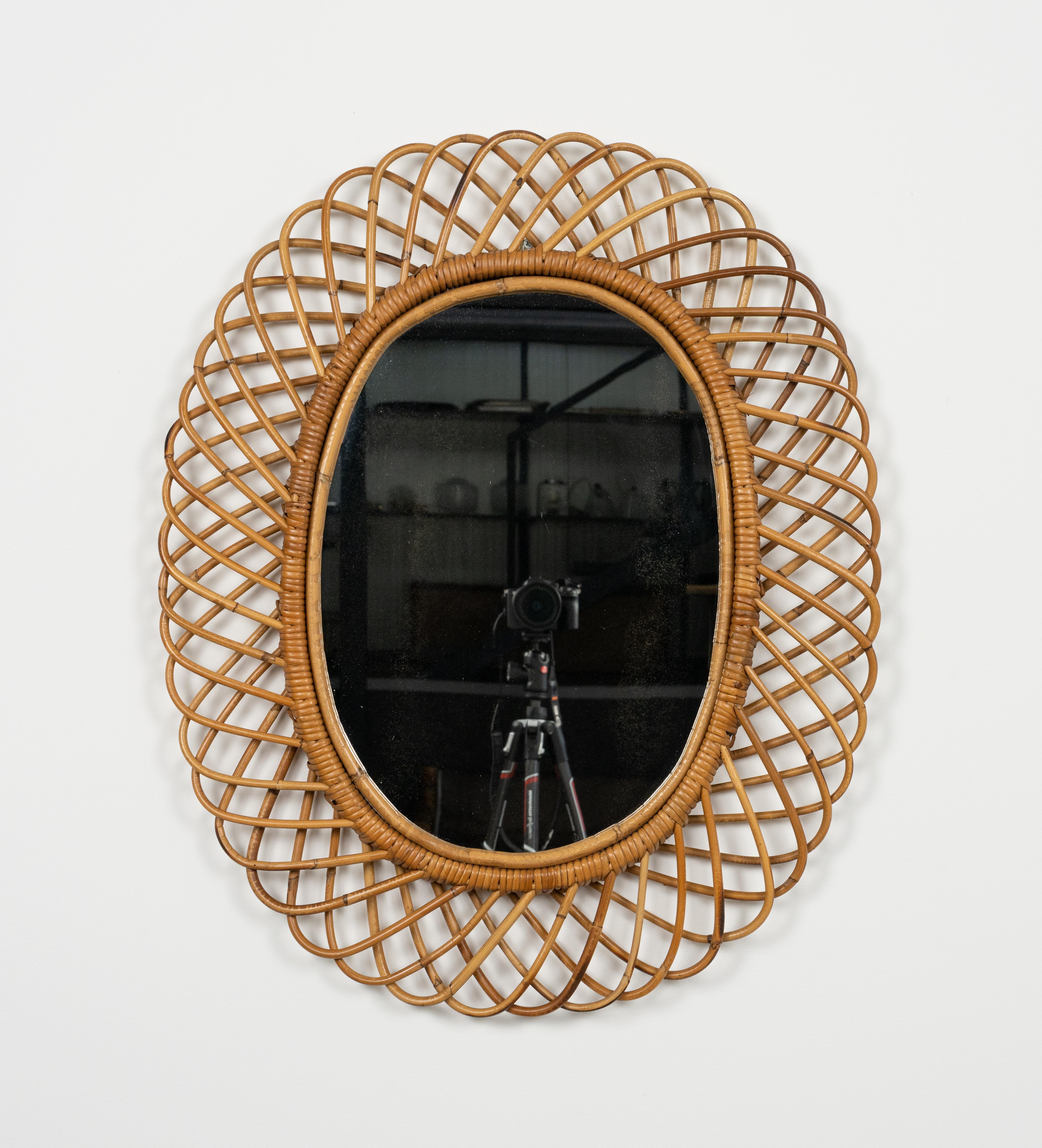 Italian Midcentury Rattan and Bamboo Oval Wall Mirror by Franco Albini, Italy 1960s