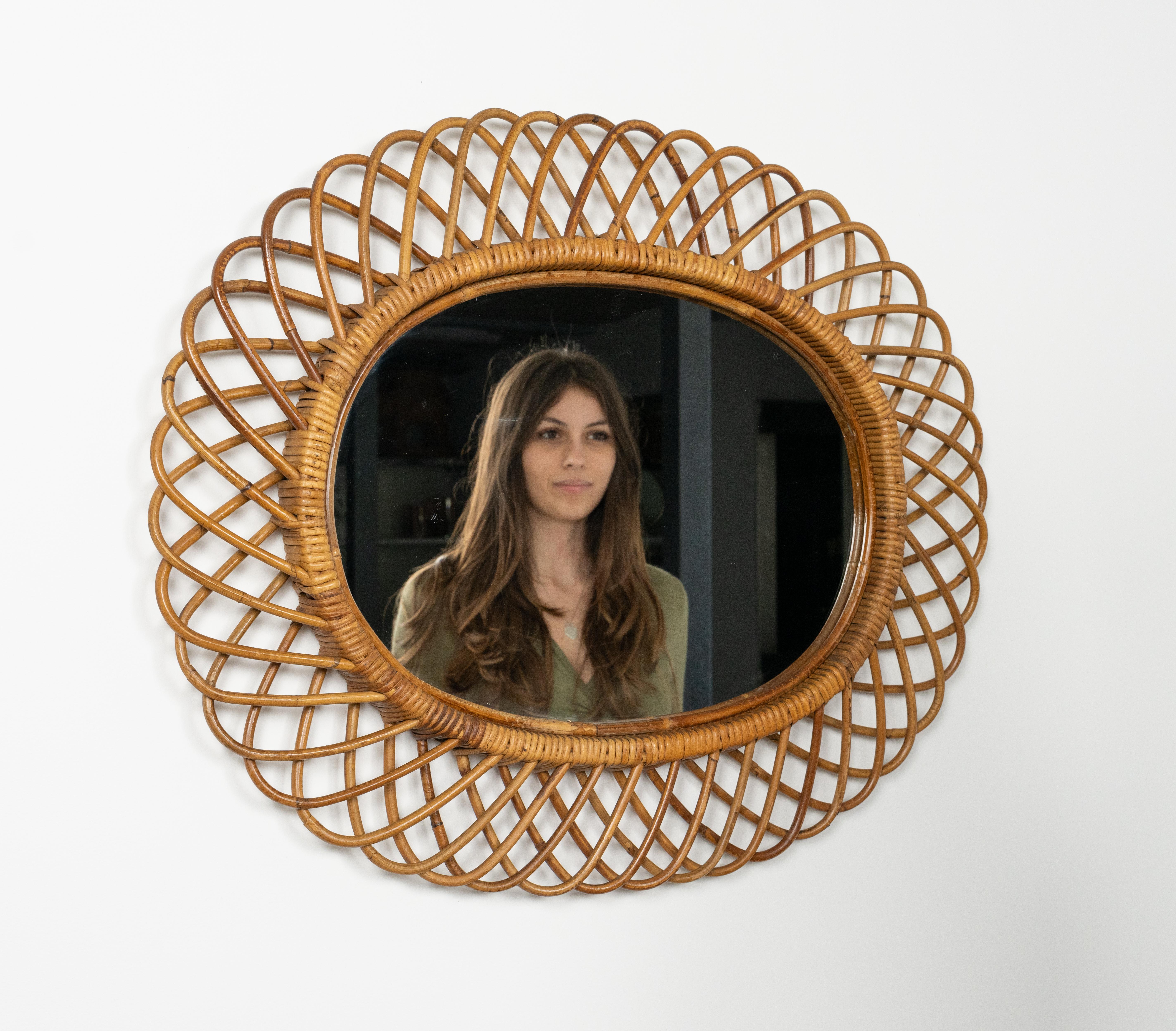 Italian Midcentury Rattan and Bamboo Oval Wall Mirror by Franco Albini, Italy 1960s For Sale