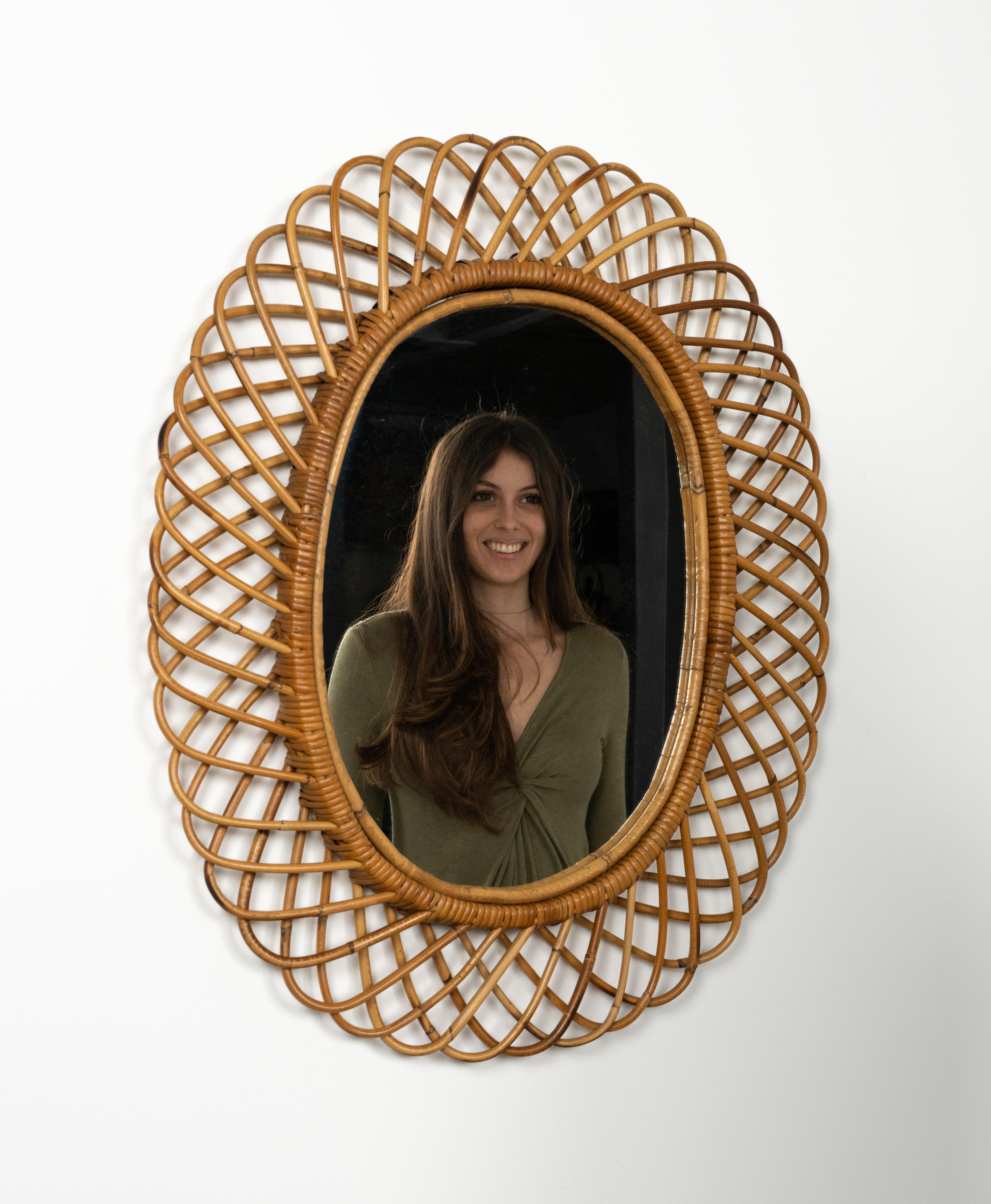 Mid-20th Century Midcentury Rattan and Bamboo Oval Wall Mirror by Franco Albini, Italy 1960s