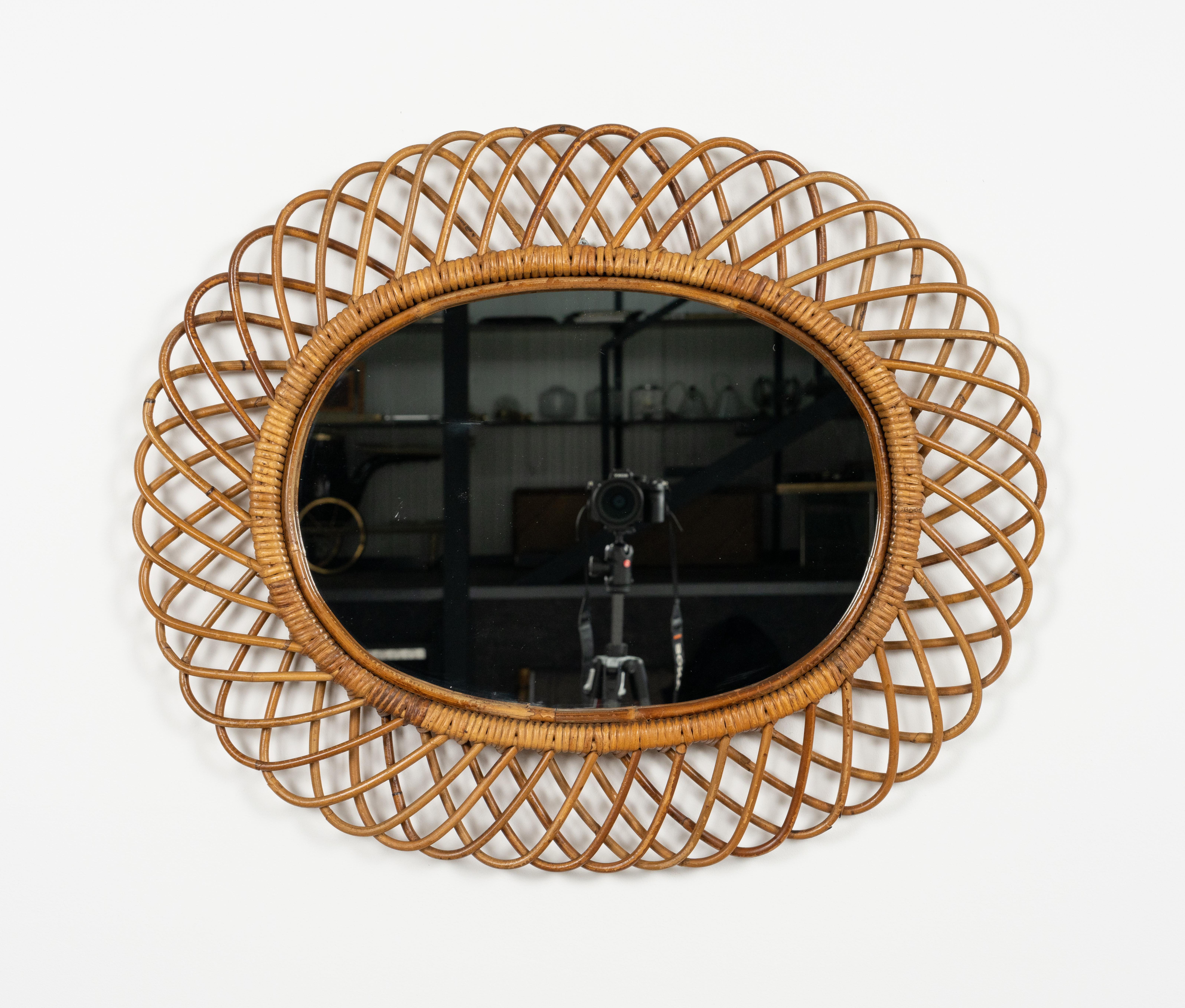 Mid-20th Century Midcentury Rattan and Bamboo Oval Wall Mirror by Franco Albini, Italy 1960s For Sale