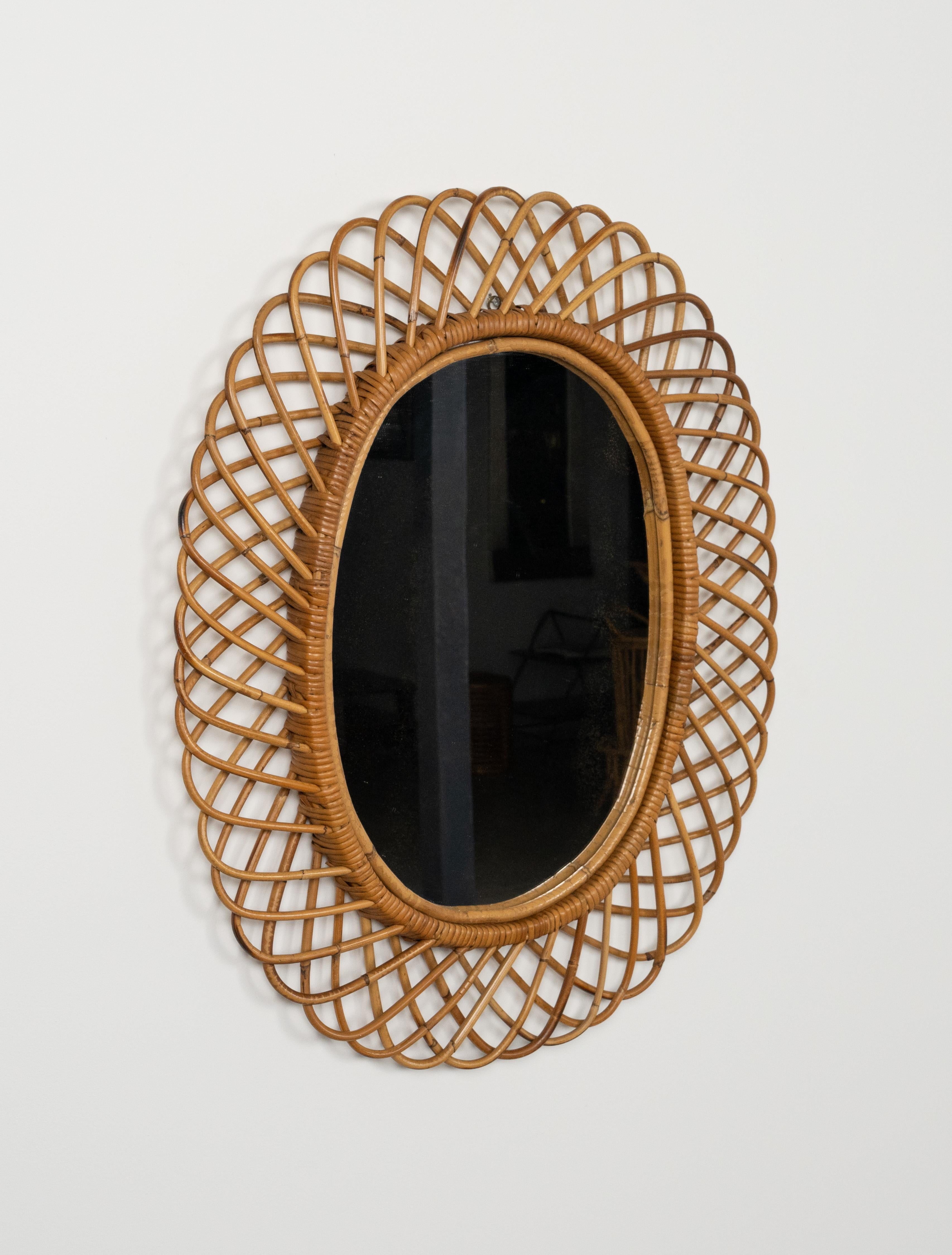 Midcentury Rattan and Bamboo Oval Wall Mirror by Franco Albini, Italy 1960s 1