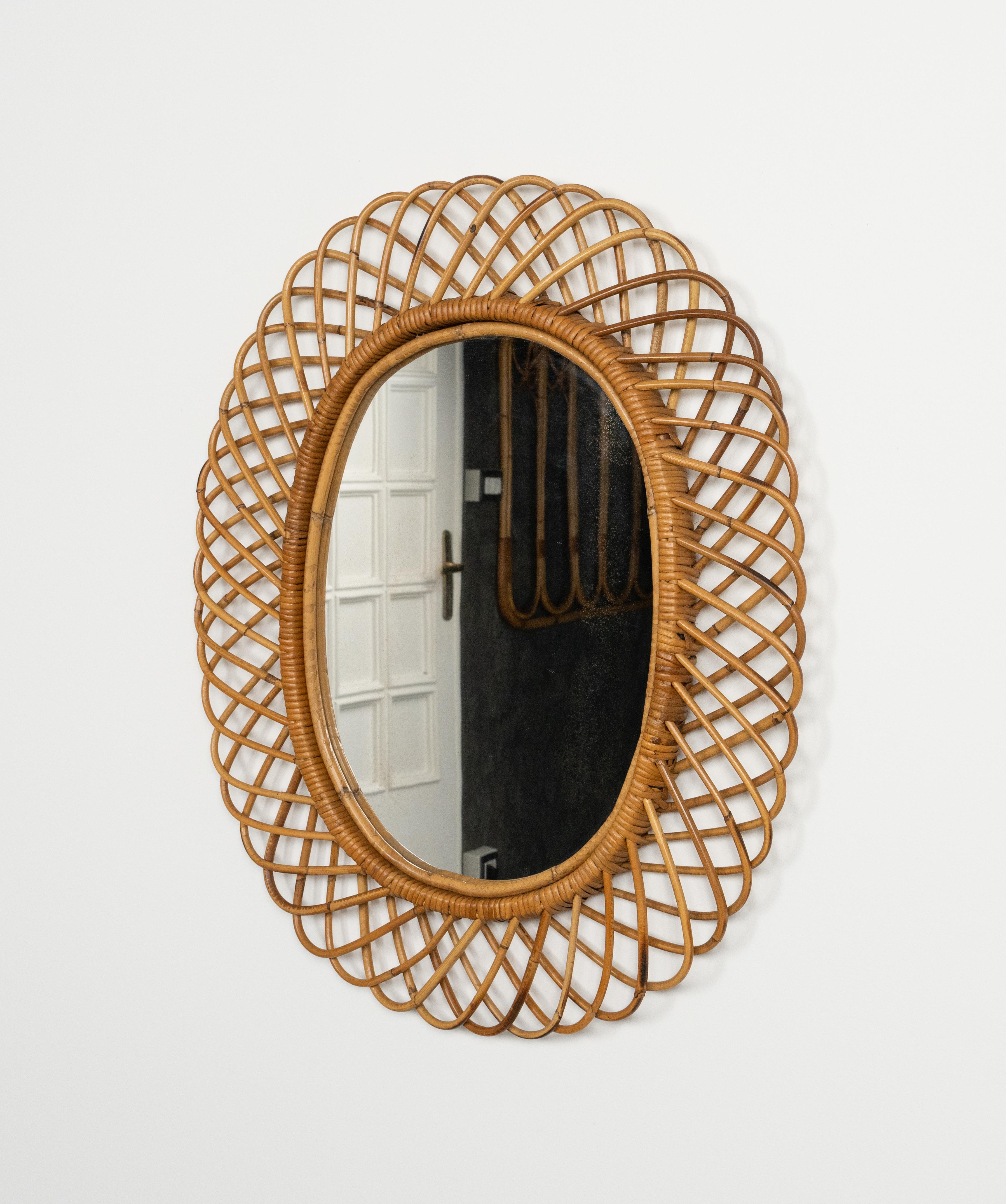 Midcentury Rattan and Bamboo Oval Wall Mirror by Franco Albini, Italy 1960s 2