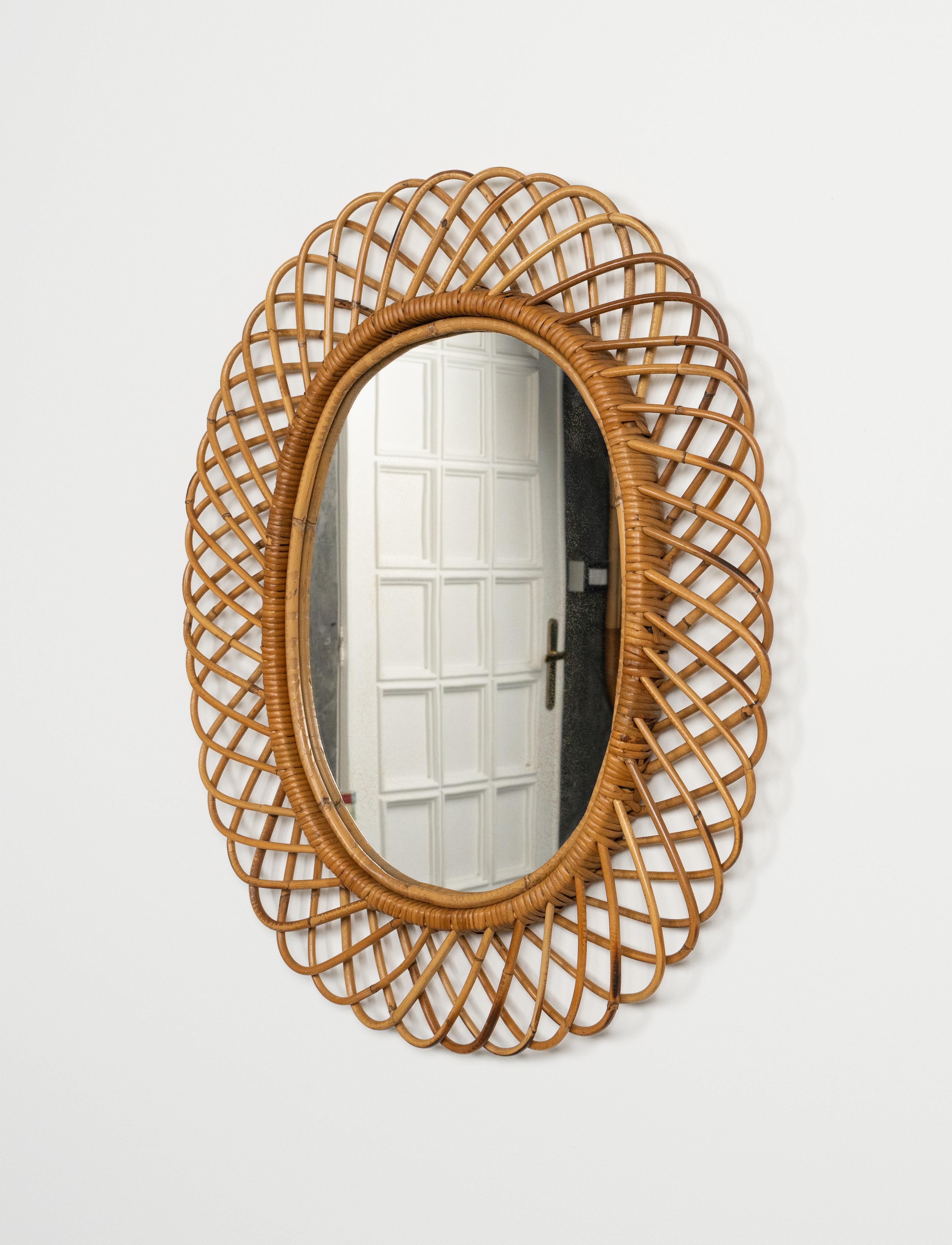 Midcentury Rattan and Bamboo Oval Wall Mirror by Franco Albini, Italy 1960s For Sale 3