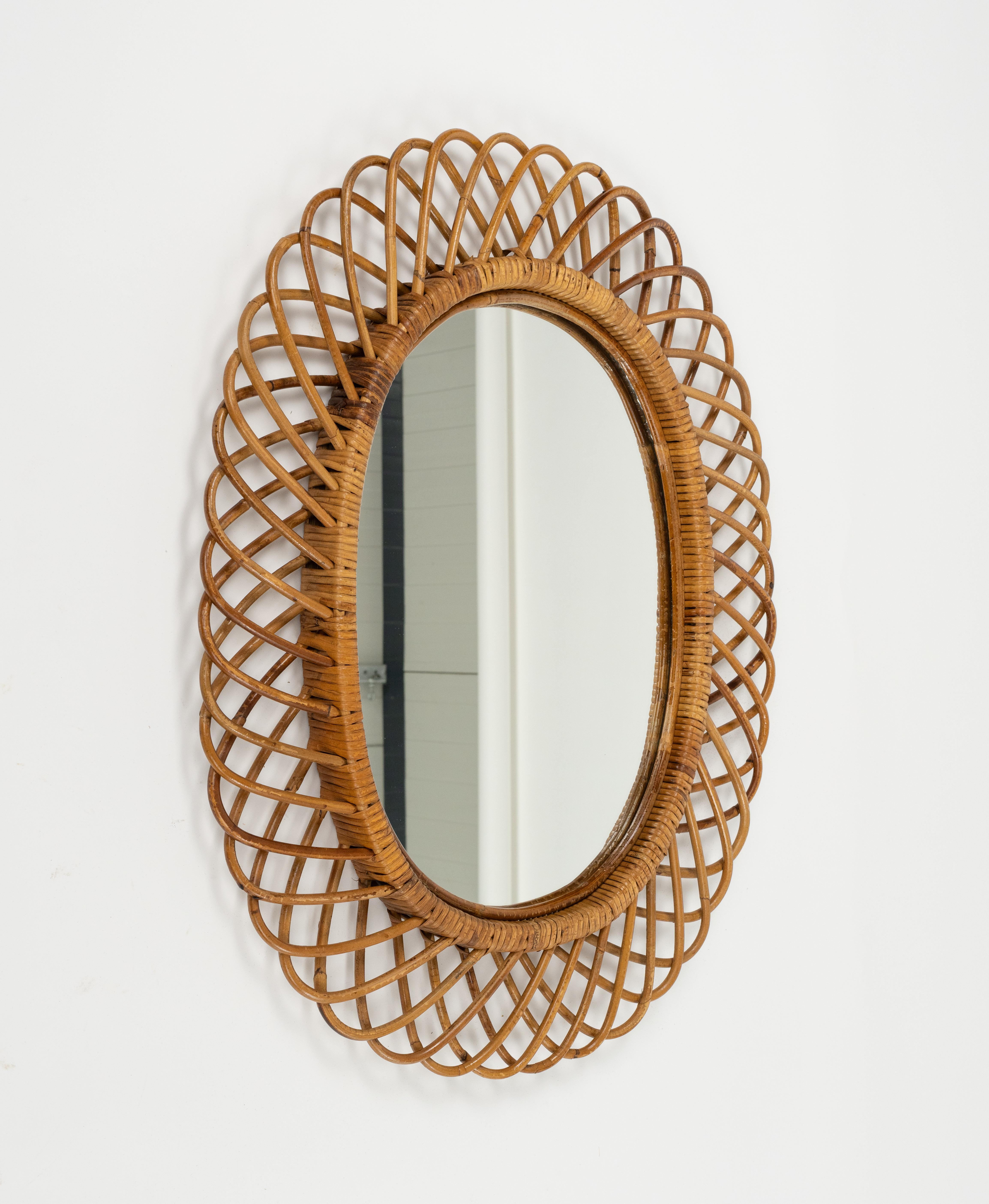 Midcentury Rattan and Bamboo Oval Wall Mirror by Franco Albini, Italy 1960s For Sale 3