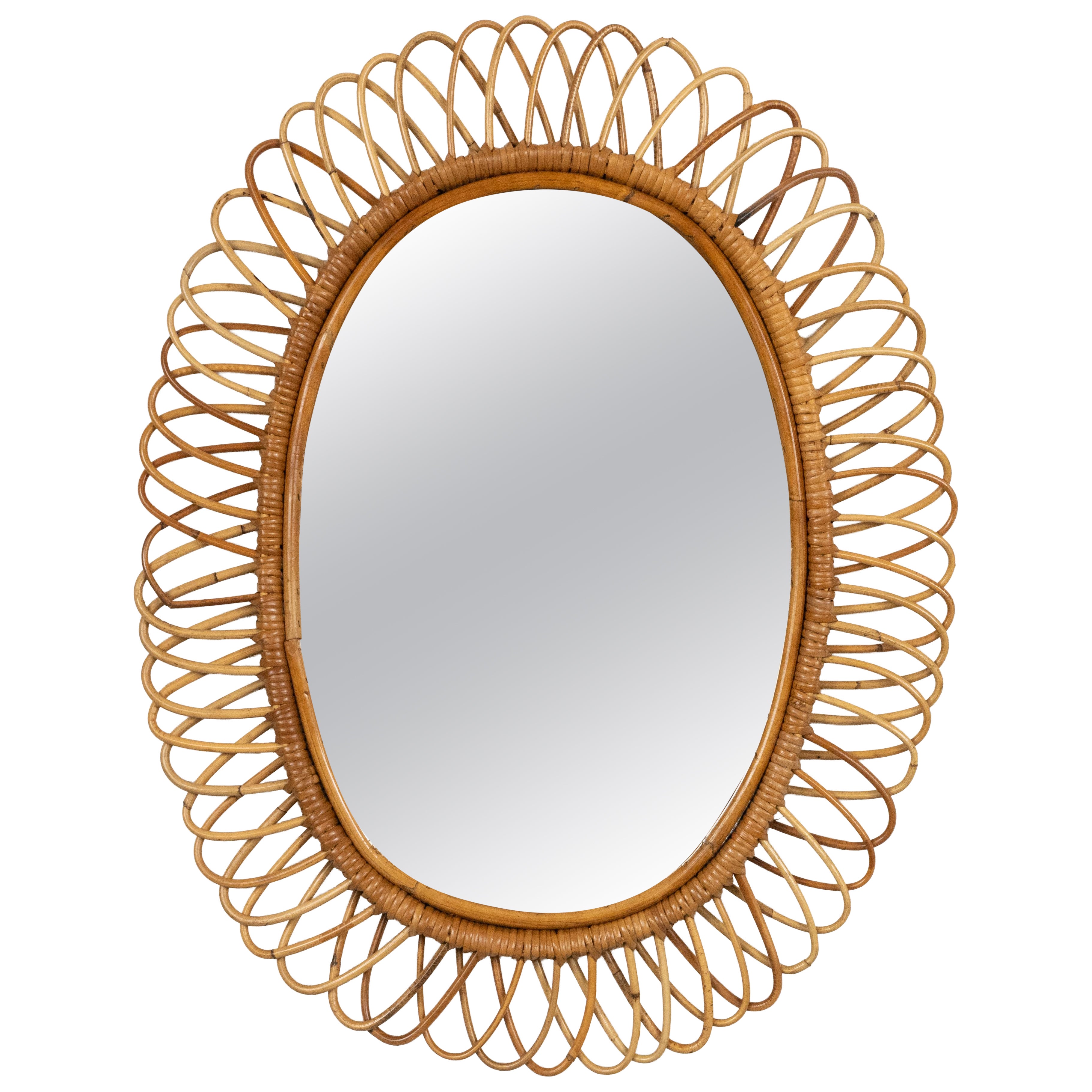 Midcentury Rattan and Bamboo Oval Wall Mirror by Franco Albini, Italy 1960s