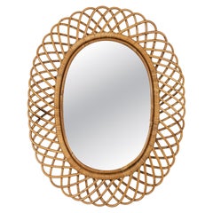 Midcentury Rattan and Bamboo Oval Wall Mirror by Franco Albini, Italy 1960s