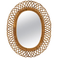 Midcentury Rattan and Bamboo Oval Wall Mirror by Franco Albini, Italy 1960s
