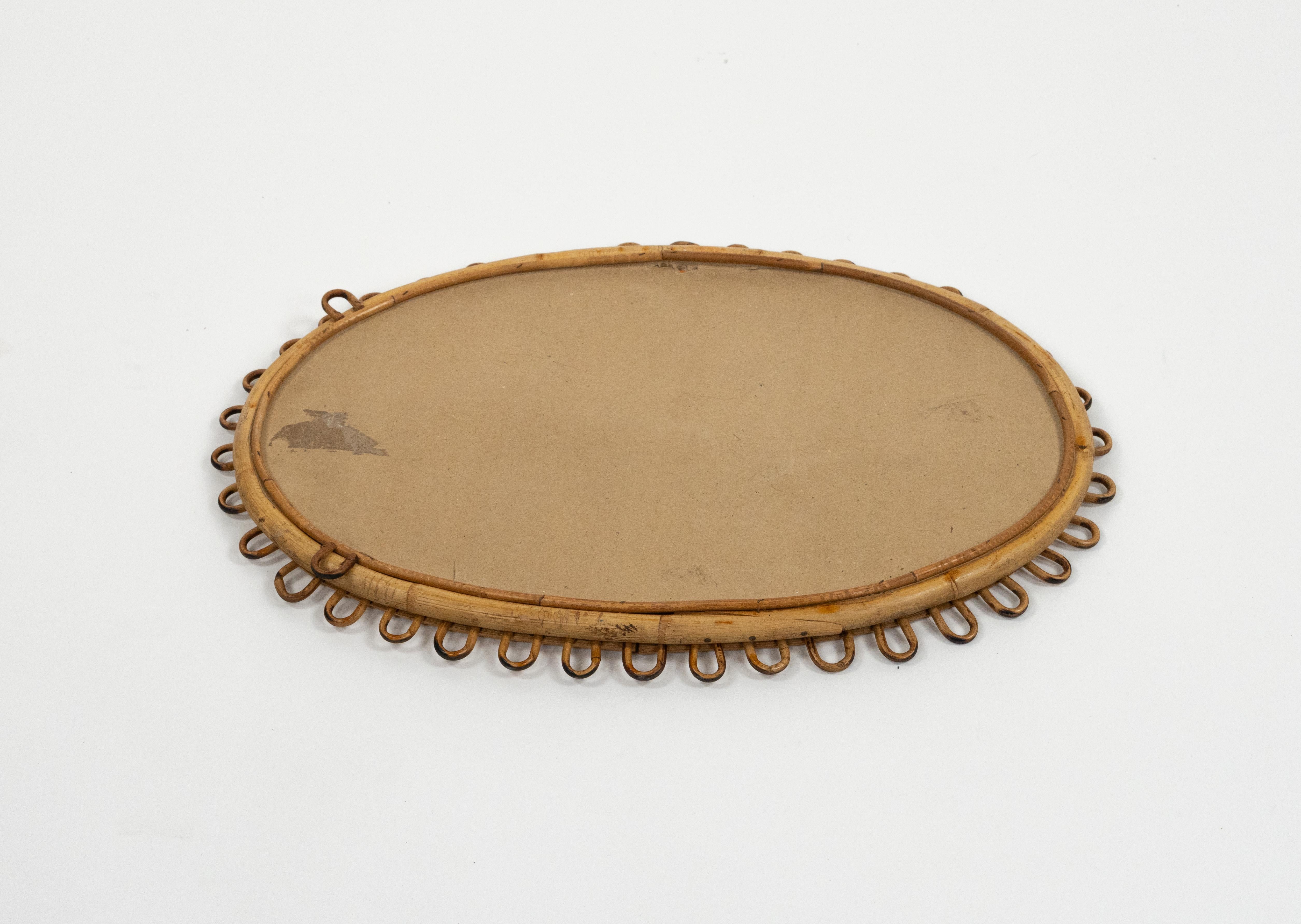 Miroir mural ovale du milieu du siècle dernier en rotin et bambou de style Franco Albini, Italie, années 1960 en vente 2