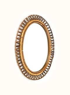 Midcentury Rattan and Bamboo Oval Wall Mirror Franco Albini Style, Italy 1960s